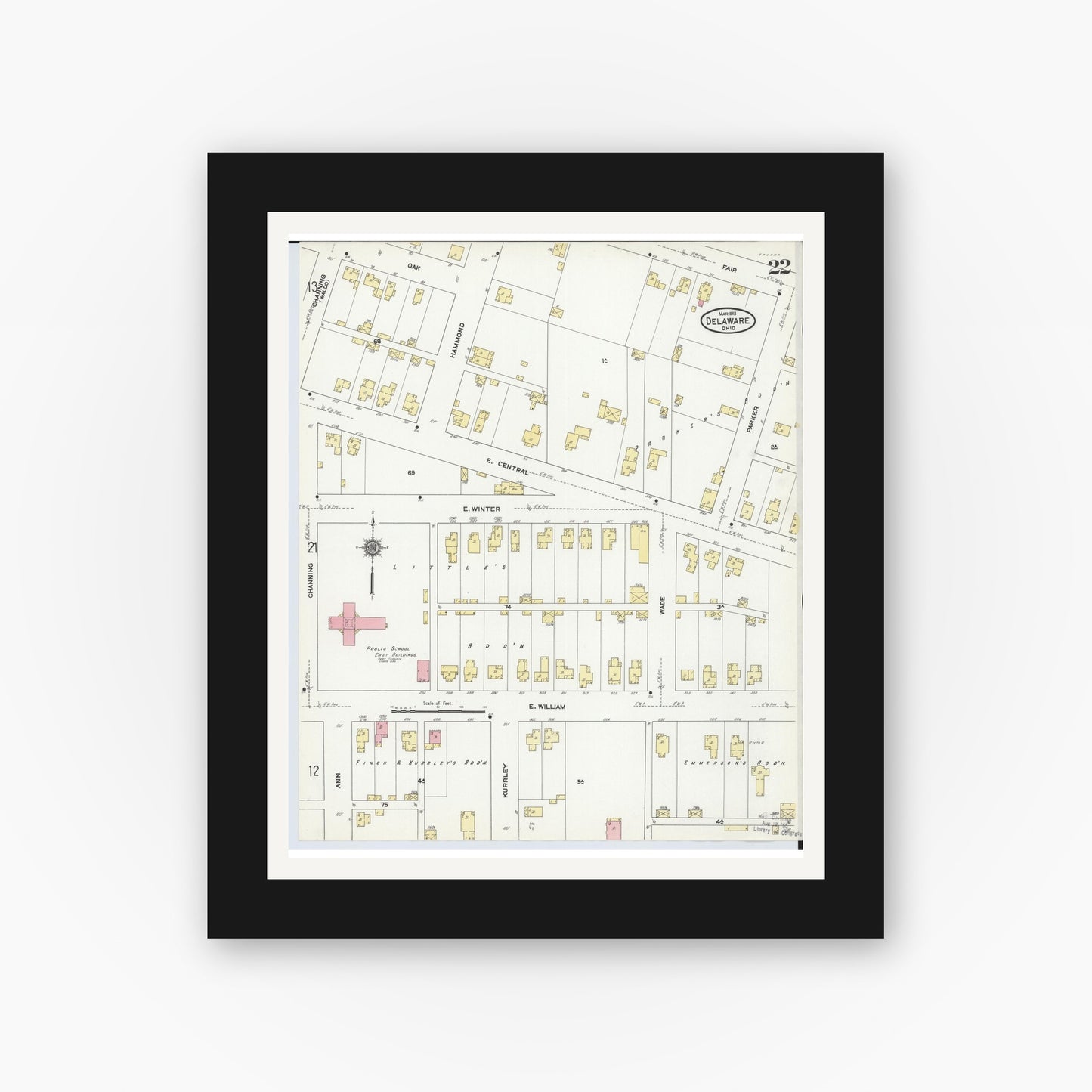 Old map wall art mockup — black gallery frame with white mat — Sanborn Fire Insurance Map from Delaware, Delaware County, Ohio (1911), Sheet #0022