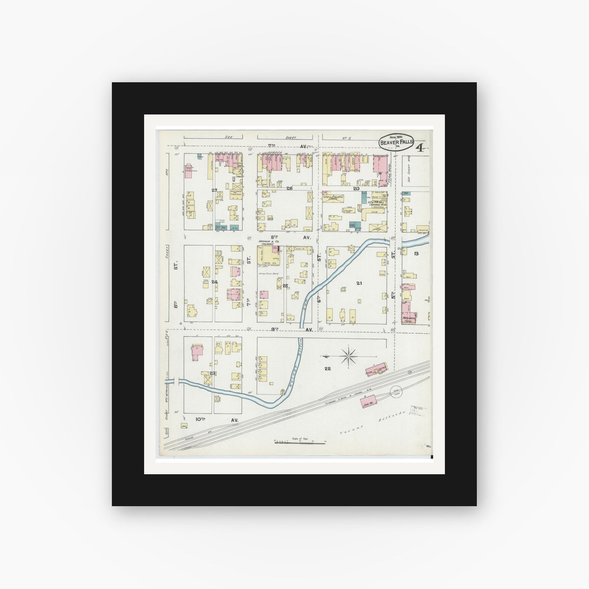 Old map wall art mockup — black gallery frame with white mat — Sanborn Fire Insurance Map from Beaver Falls, Beaver County, Pennsylvania (1891), Sheet #0004