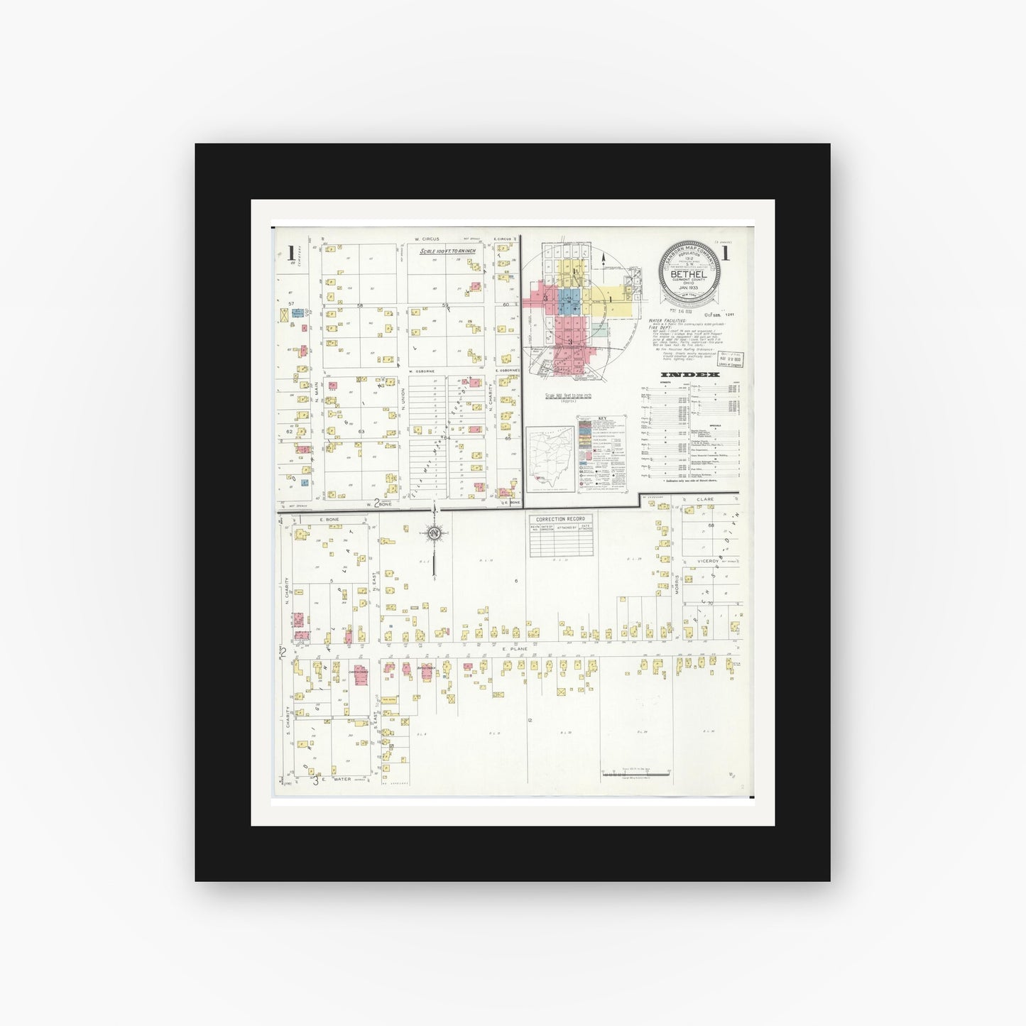 Old map wall art mockup — black gallery frame with white mat — Sanborn Fire Insurance Map from Bethel, Clermont County, Ohio (1933), Sheet #0001