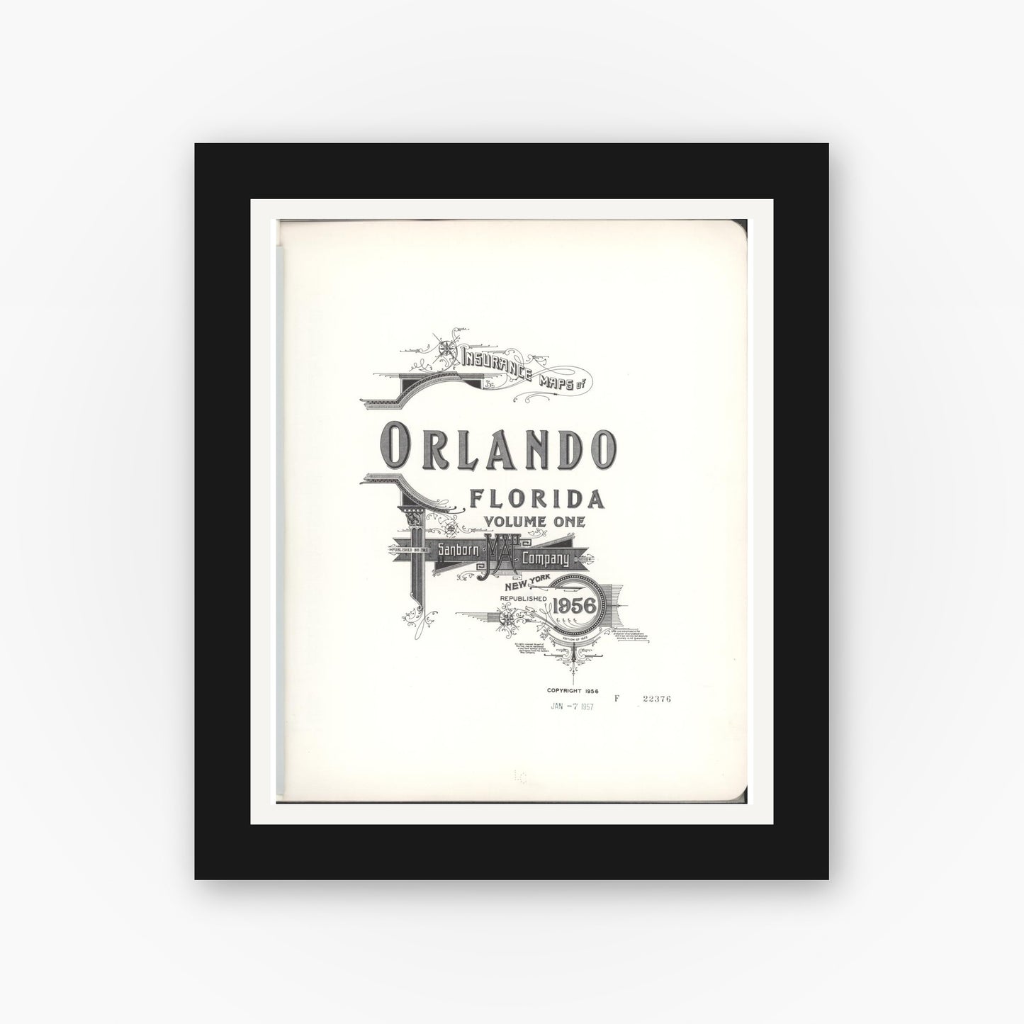 Old map wall art mockup — black gallery frame with white mat — Sanborn Fire Insurance Map from Orlando, Orange County, Florida (1956), Sheet #0001
