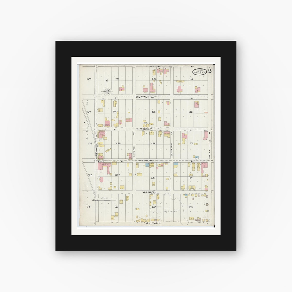 Old map wall art mockup — black gallery frame with white mat — Sanborn Fire Insurance Map from Laredo, Webb County, Texas (1894), Sheet #0002