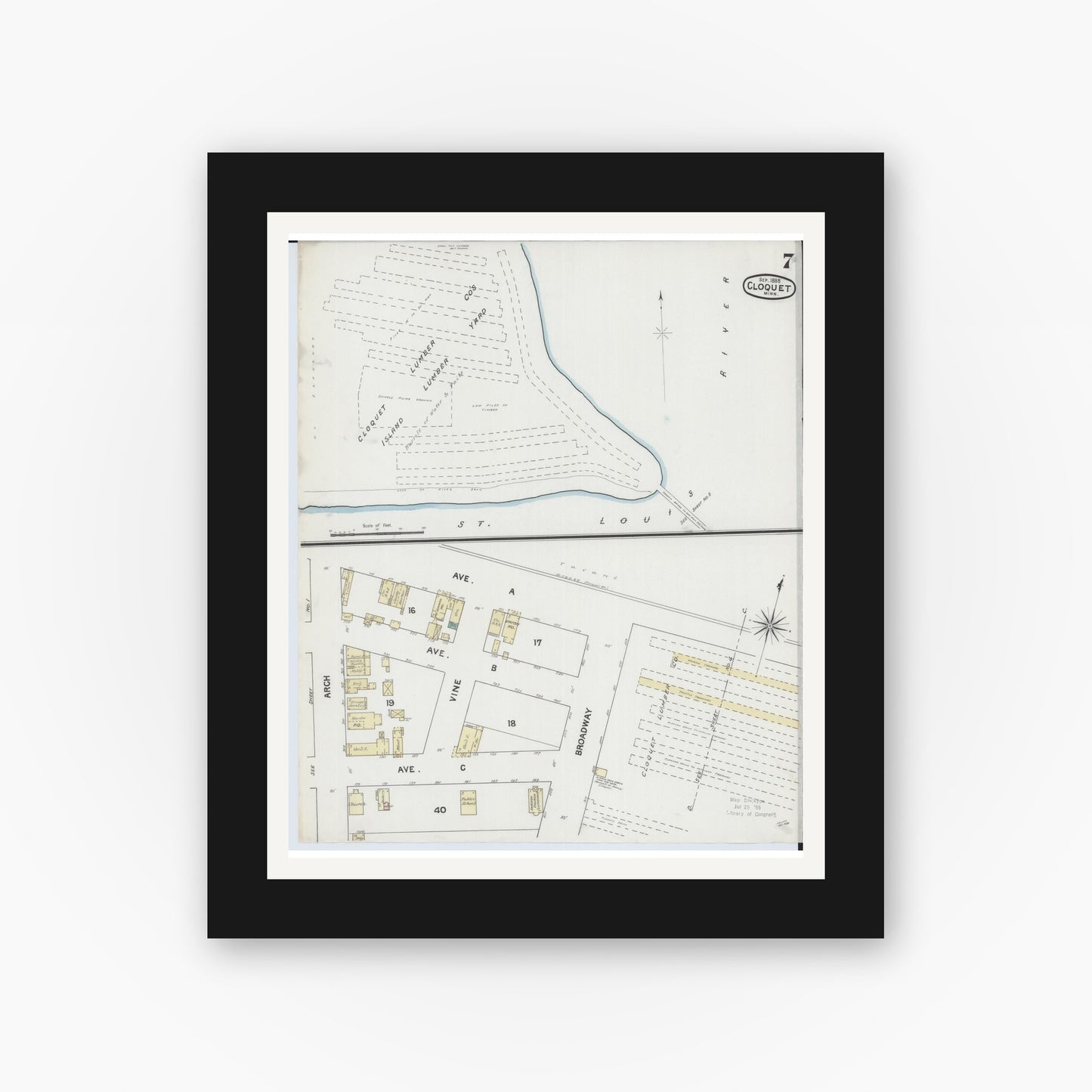 Old map wall art mockup — black gallery frame with white mat — Sanborn Fire Insurance Map from Cloquet, Carlton County, Minnesota (1888), Sheet #0007