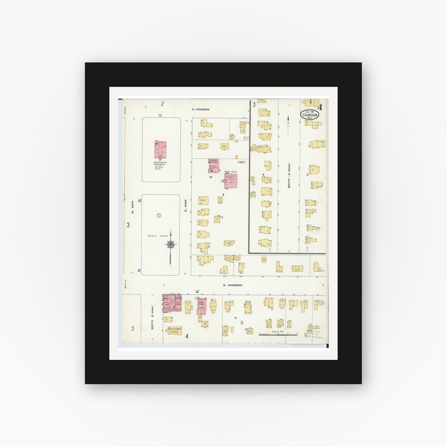 Old map wall art mockup — black gallery frame with white mat — Sanborn Fire Insurance Map from Chardon, Geauga County, Ohio (1911), Sheet #0004
