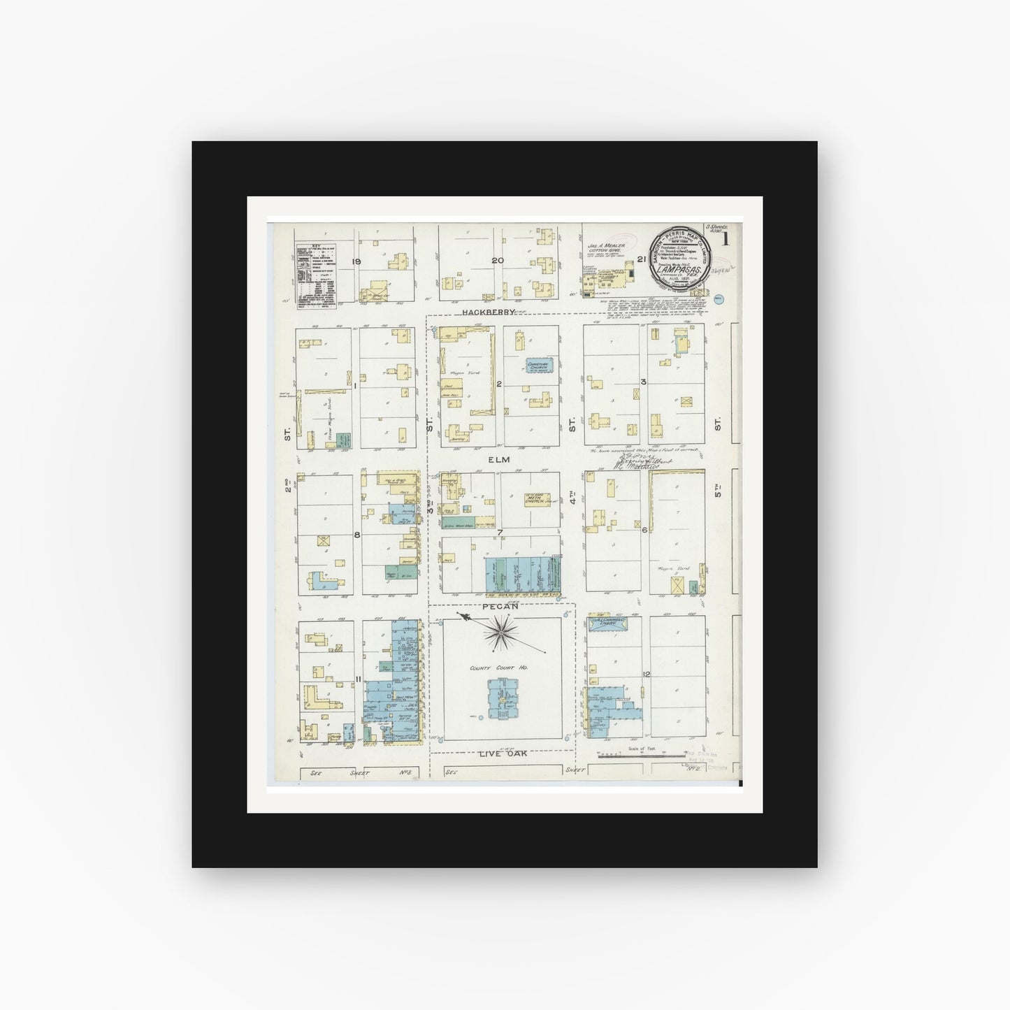 Old map wall art mockup — black gallery frame with white mat — Sanborn Fire Insurance Map from Lampasas, Lampasas County, Texas (1891), Sheet #0001