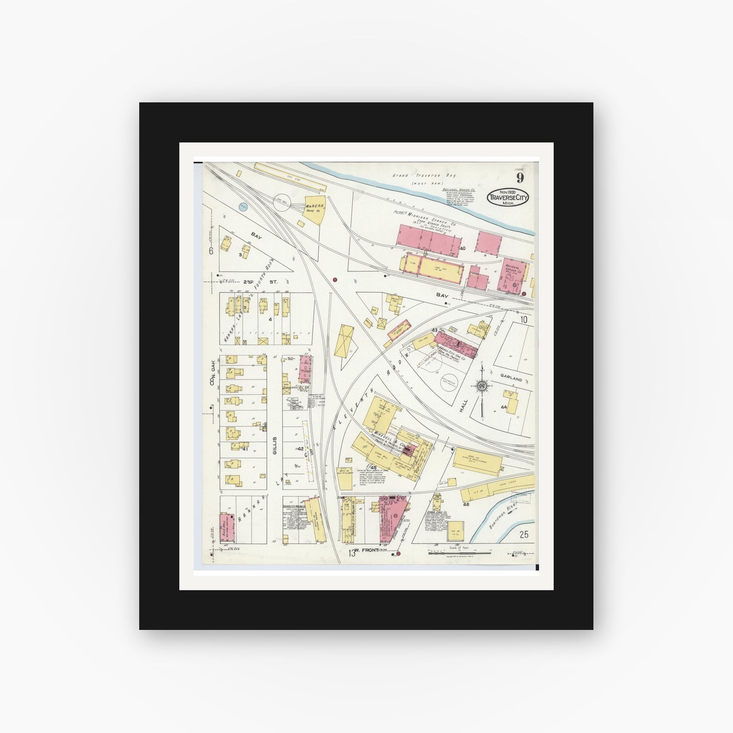 Old map wall art mockup — black gallery frame with white mat — Sanborn Fire Insurance Map from Traverse City, Grand Traverse County, Michigan (1920), Sheet #0009