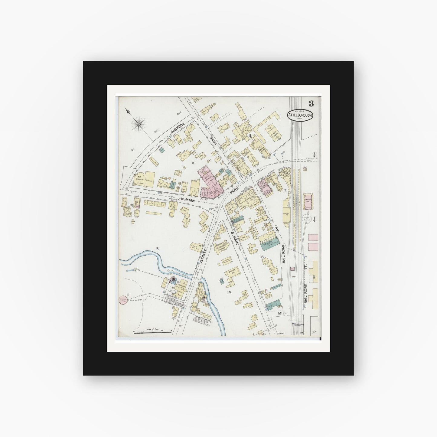 Old map wall art mockup — black gallery frame with white mat — Sanborn Fire Insurance Map from Attleboro, Bristol County, Massachusetts (1889), Sheet #0003