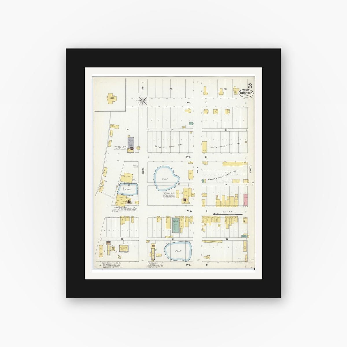 Old map wall art mockup — black gallery frame with white mat — Sanborn Fire Insurance Map from Rosebud, Falls County, Texas (1903), Sheet #0003