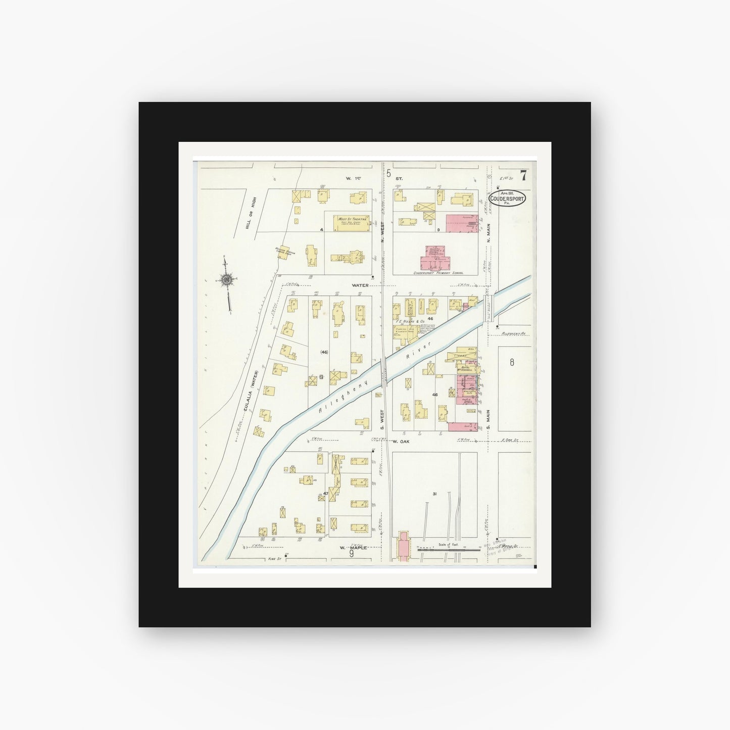 Old map wall art mockup — black gallery frame with white mat — Sanborn Fire Insurance Map from Coudersport, Potter County, Pennsylvania (1911), Sheet #0007