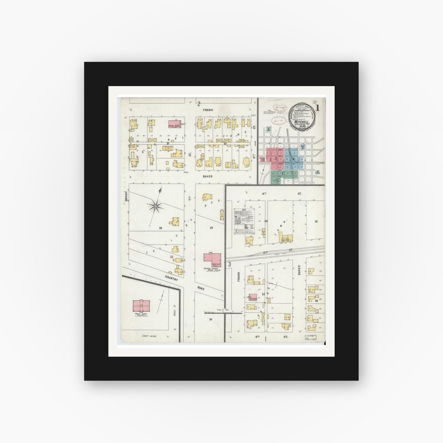 Old map wall art mockup — black gallery frame with white mat — Sanborn Fire Insurance Map from Mitchell, Lawrence County, Indiana (1899) - Complete Map Set