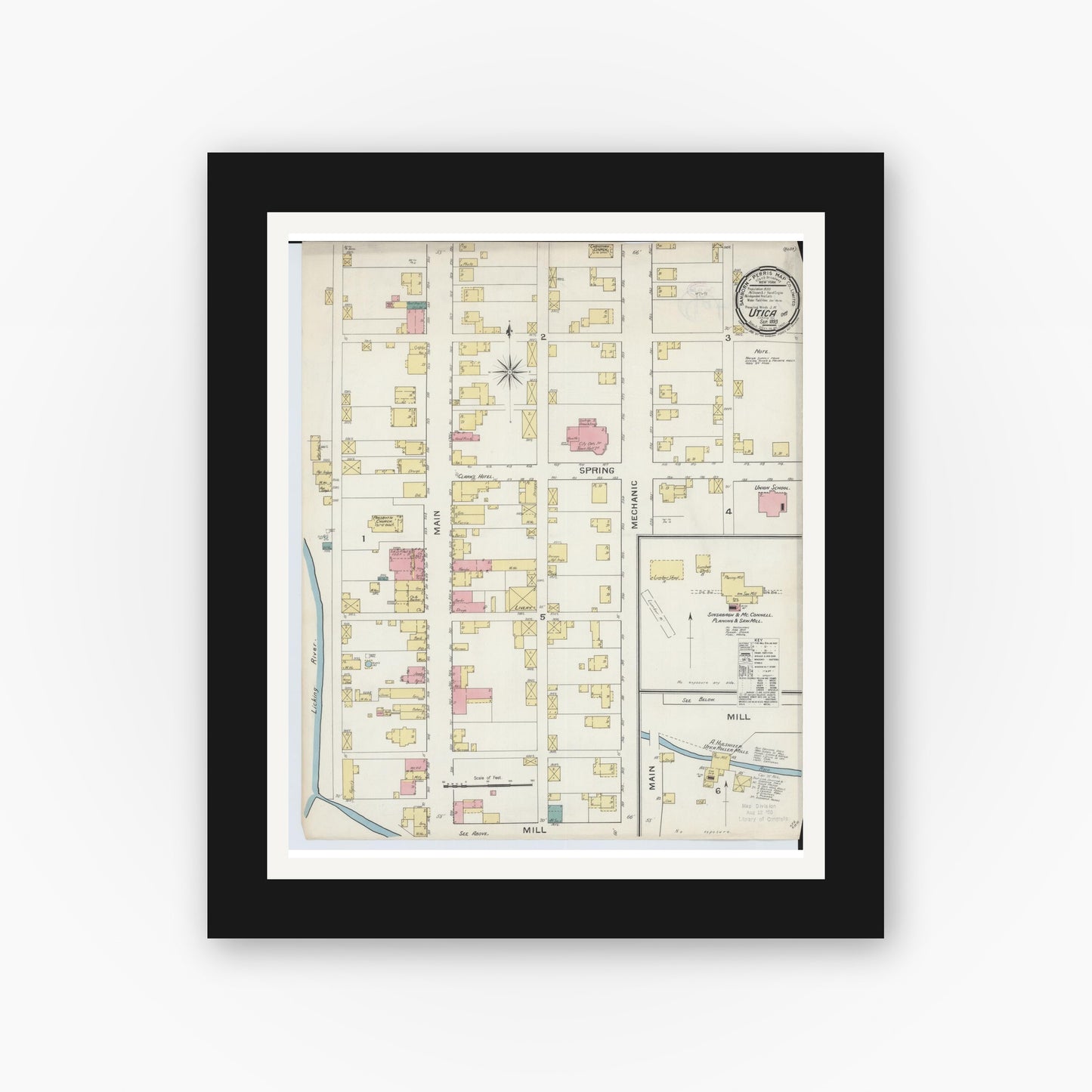 Old map wall art mockup — black gallery frame with white mat — Sanborn Fire Insurance Map from Utica, Licking County, Ohio (1893), Sheet #0001