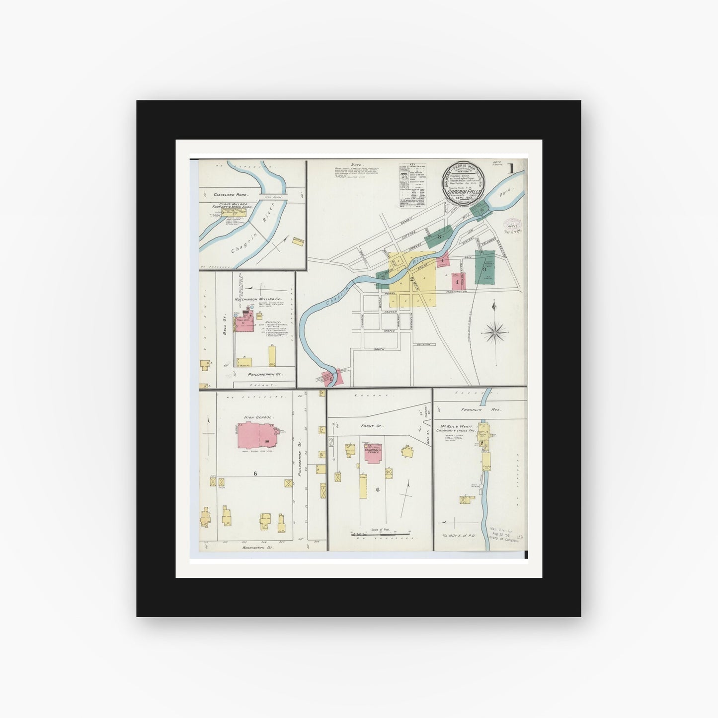 Old map wall art mockup — black gallery frame with white mat — Sanborn Fire Insurance Map from Chagrin Falls, Cuyahoga County, Ohio (1893), Sheet #0001