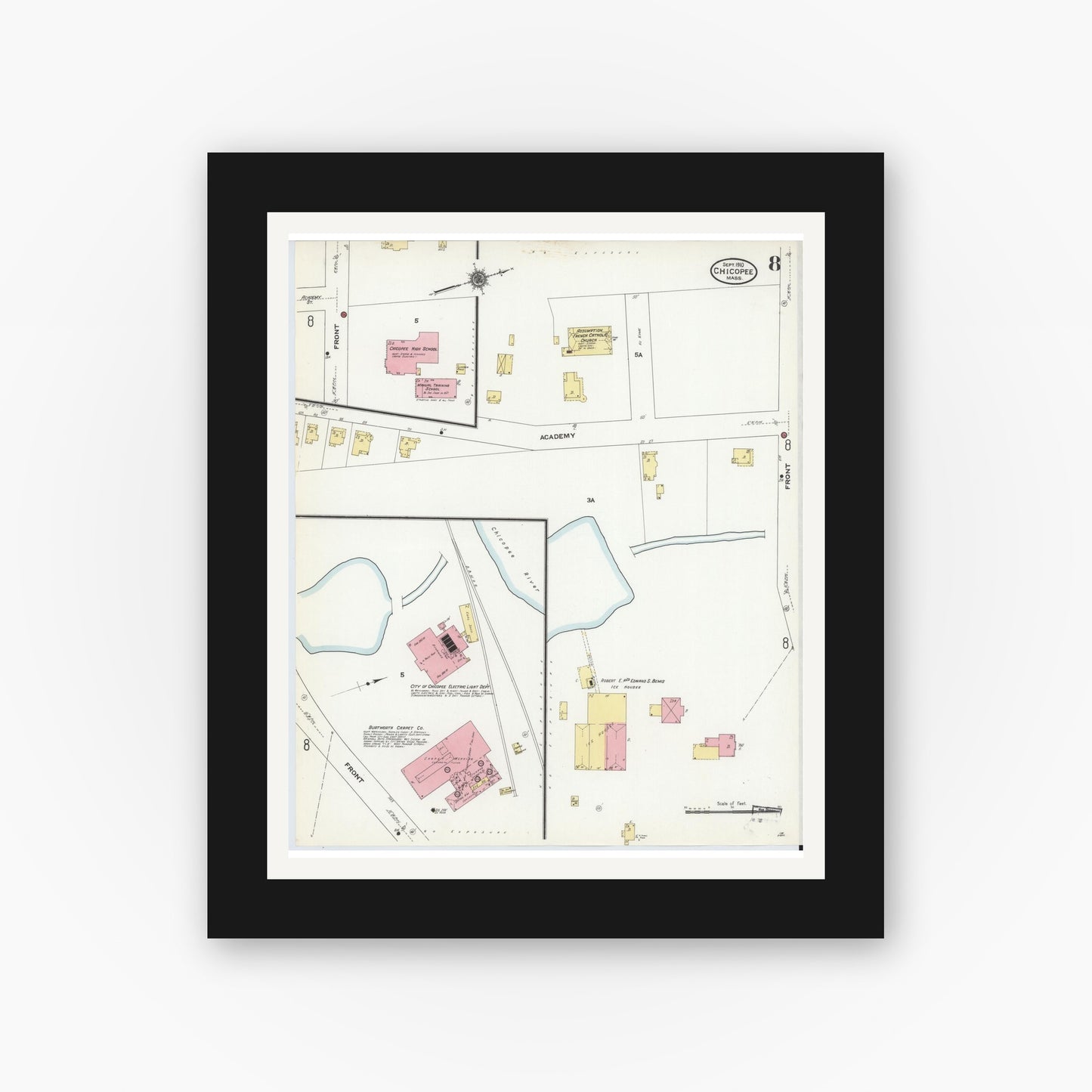 Old map wall art mockup — black gallery frame with white mat — Sanborn Fire Insurance Map from Chicopee, Hampden County, Massachusetts (1910), Sheet #0008