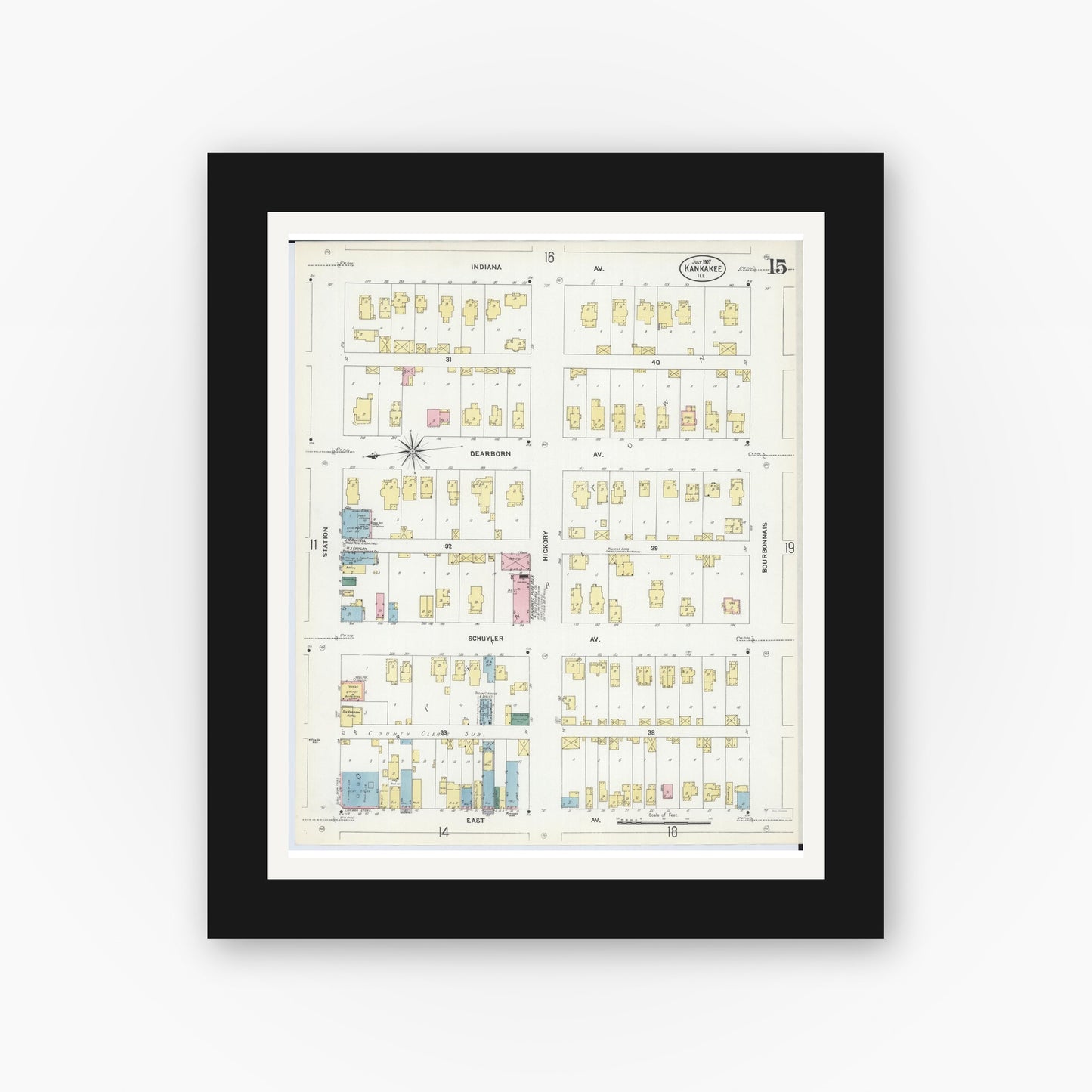 Old map wall art mockup — black gallery frame with white mat — Sanborn Fire Insurance Map from Kankakee, Kankakee County, Illinois (1907), Sheet #0015