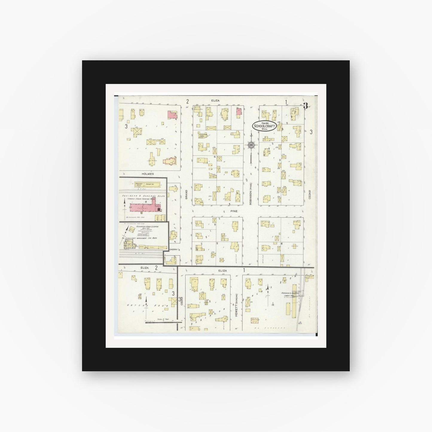 Old map wall art mockup — black gallery frame with white mat — Sanborn Fire Insurance Map from Schoolcraft, Kalamazoo County, Michigan (1914), Sheet #0003