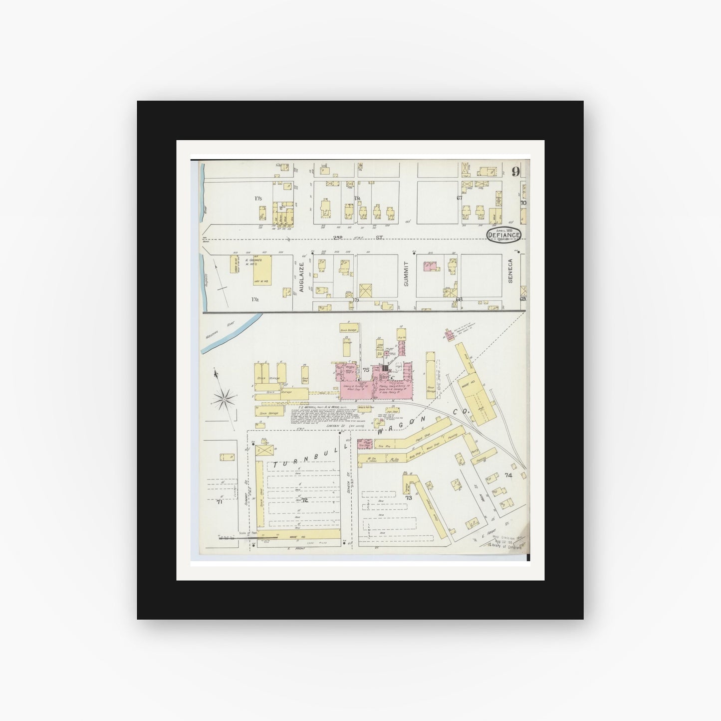 Old map wall art mockup — black gallery frame with white mat — Sanborn Fire Insurance Map from Defiance, Defiance County, Ohio (1893), Sheet #0009