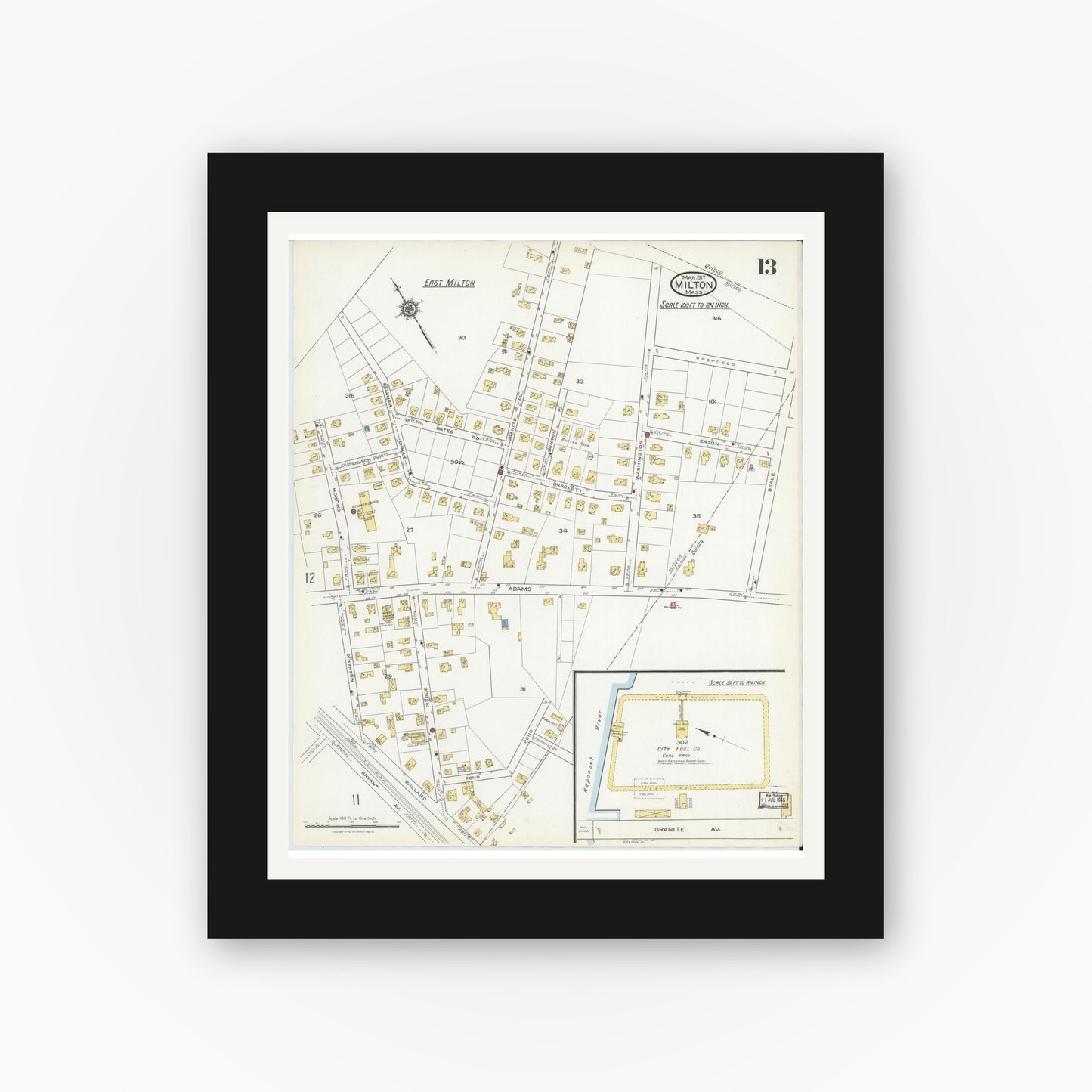 Old map wall art mockup — black gallery frame with white mat — Sanborn Fire Insurance Map from Milton, Norfolk County, Massachusetts (1917), Sheet #0013