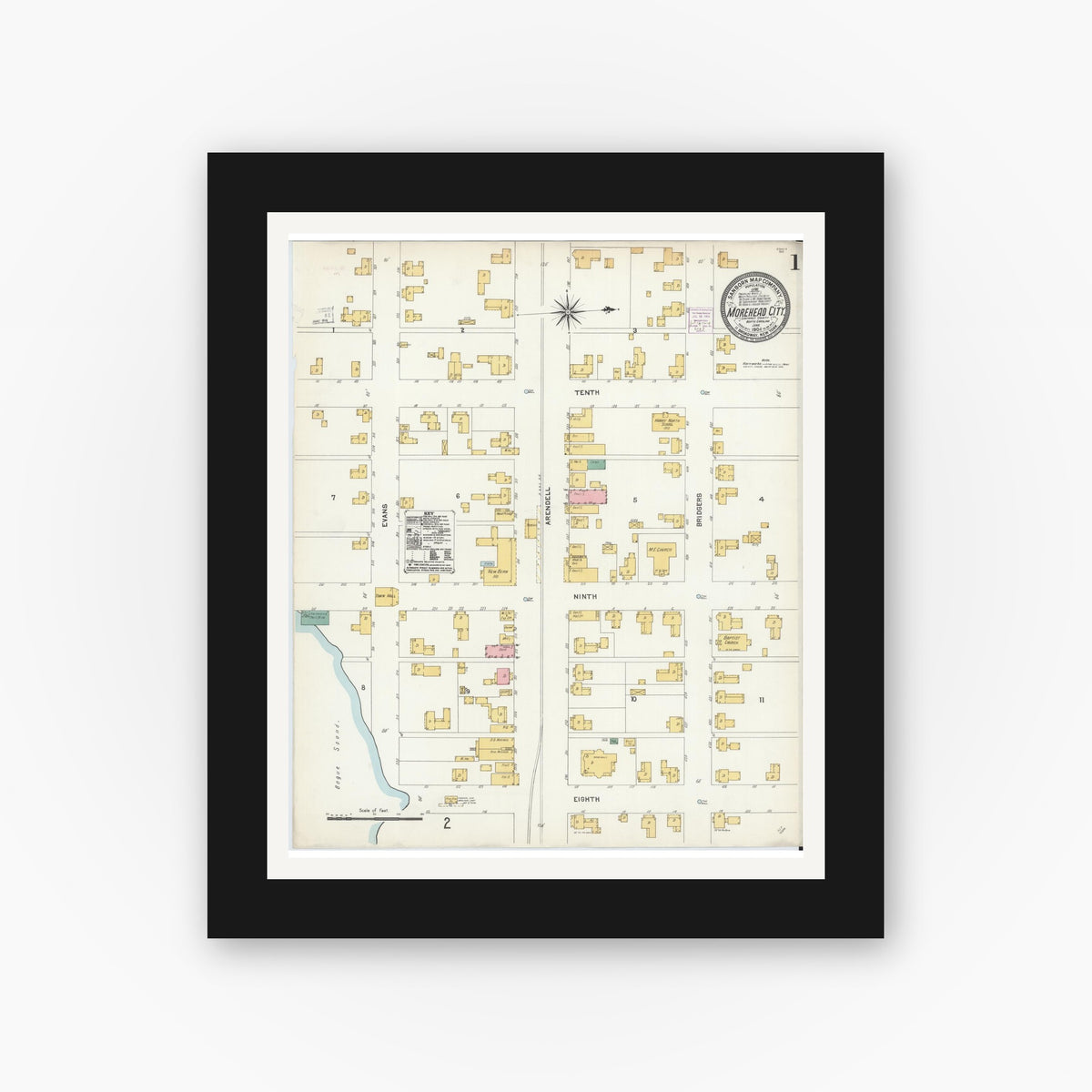Old map wall art mockup — black gallery frame with white mat — Sanborn Fire Insurance Map from Morehead City, Carteret County, North Carolina (1904) - Complete Map Set