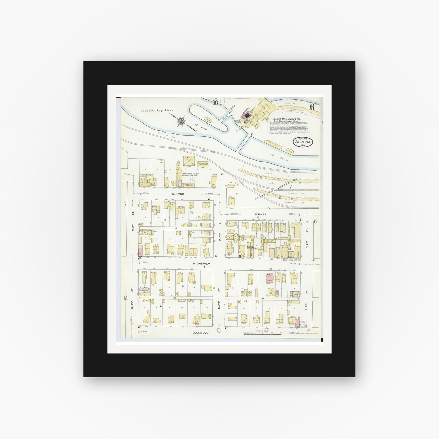 Old map wall art mockup — black gallery frame with white mat — Sanborn Fire Insurance Map from Alpena, Alpena County, Michigan (1910), Sheet #0006