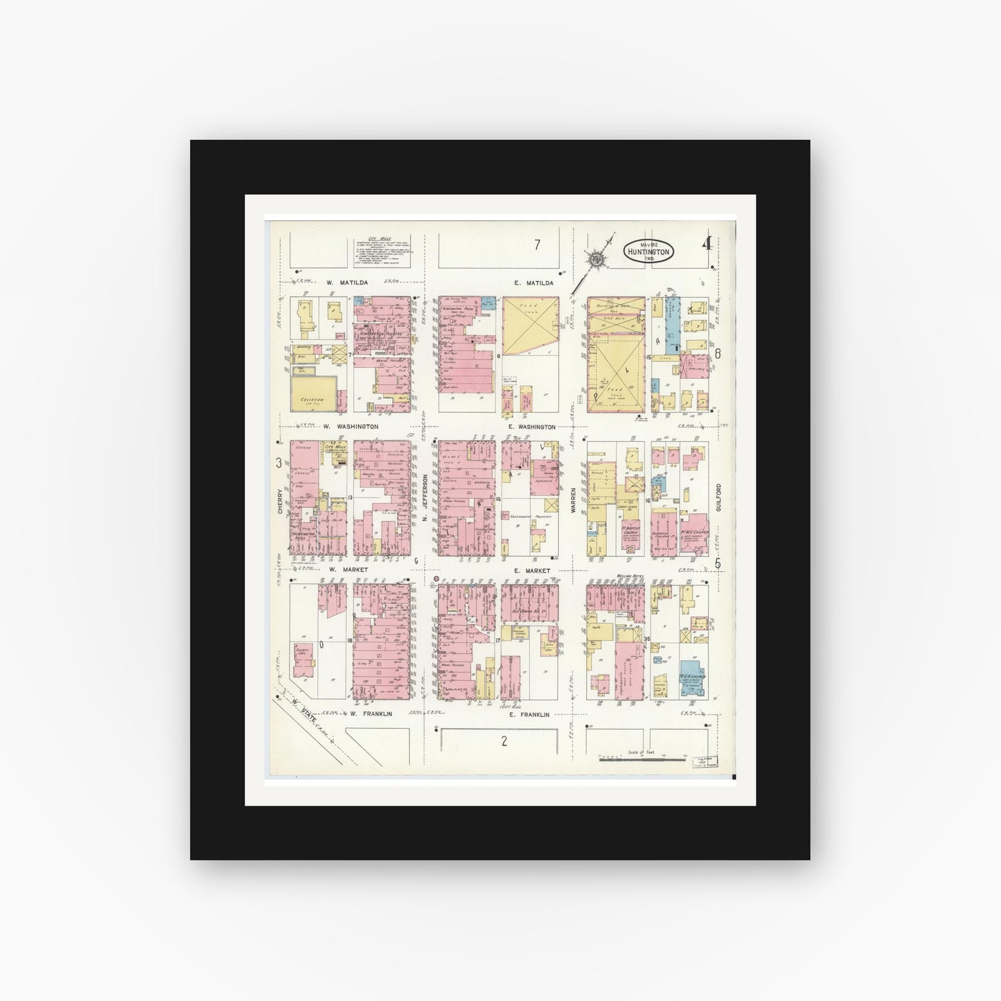 Old map wall art mockup — black gallery frame with white mat — Sanborn Fire Insurance Map from Huntington, Huntington County, Indiana (1912), Sheet #0004