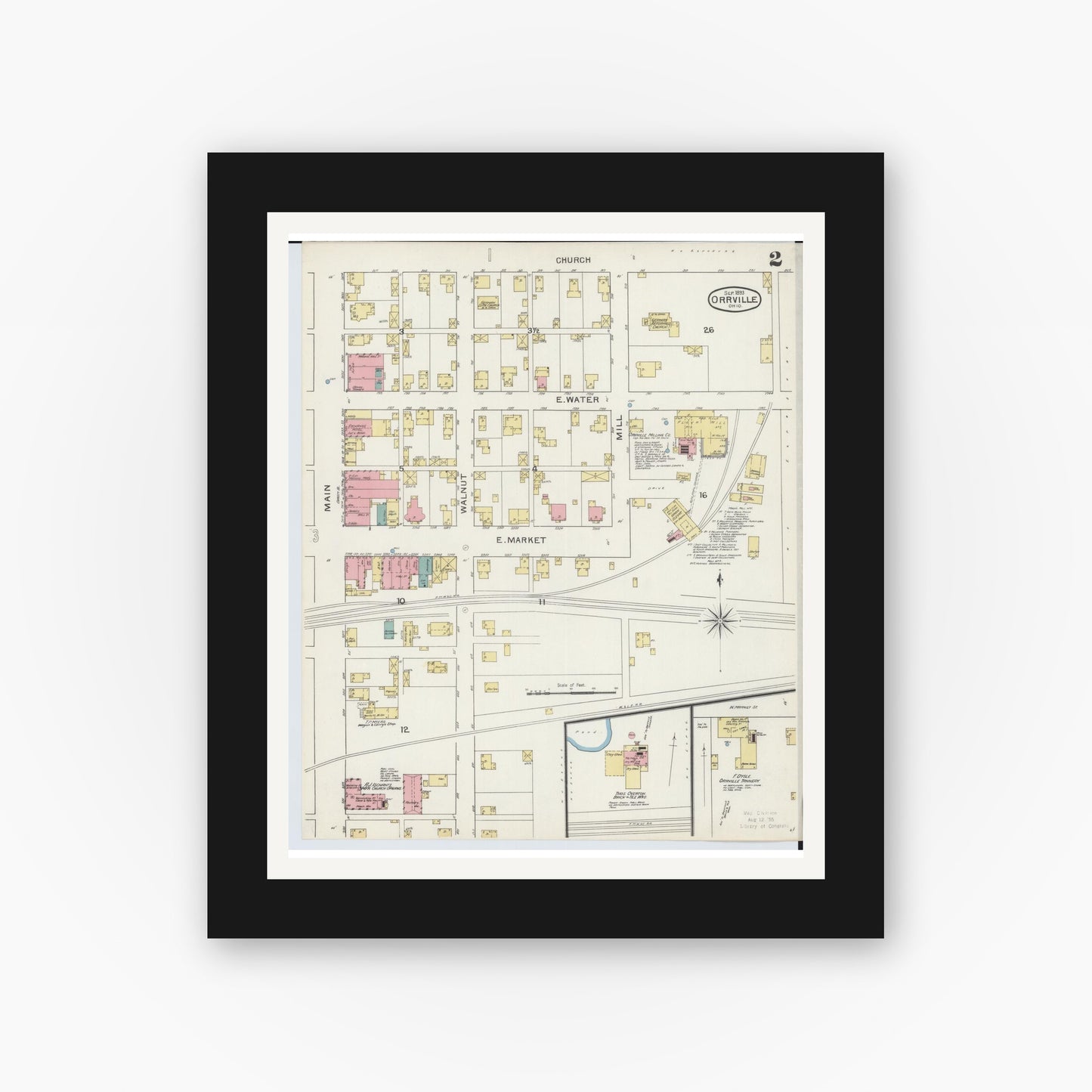 Old map wall art mockup — black gallery frame with white mat — Sanborn Fire Insurance Map from Orrville, Wayne County, Ohio (1893), Sheet #0002