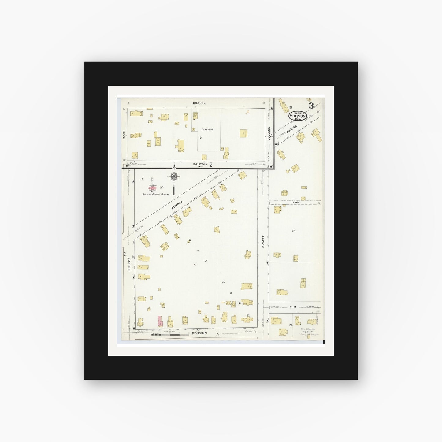 Old map wall art mockup — black gallery frame with white mat — Sanborn Fire Insurance Map from Hudson, Summit County, Ohio (1916), Sheet #0003