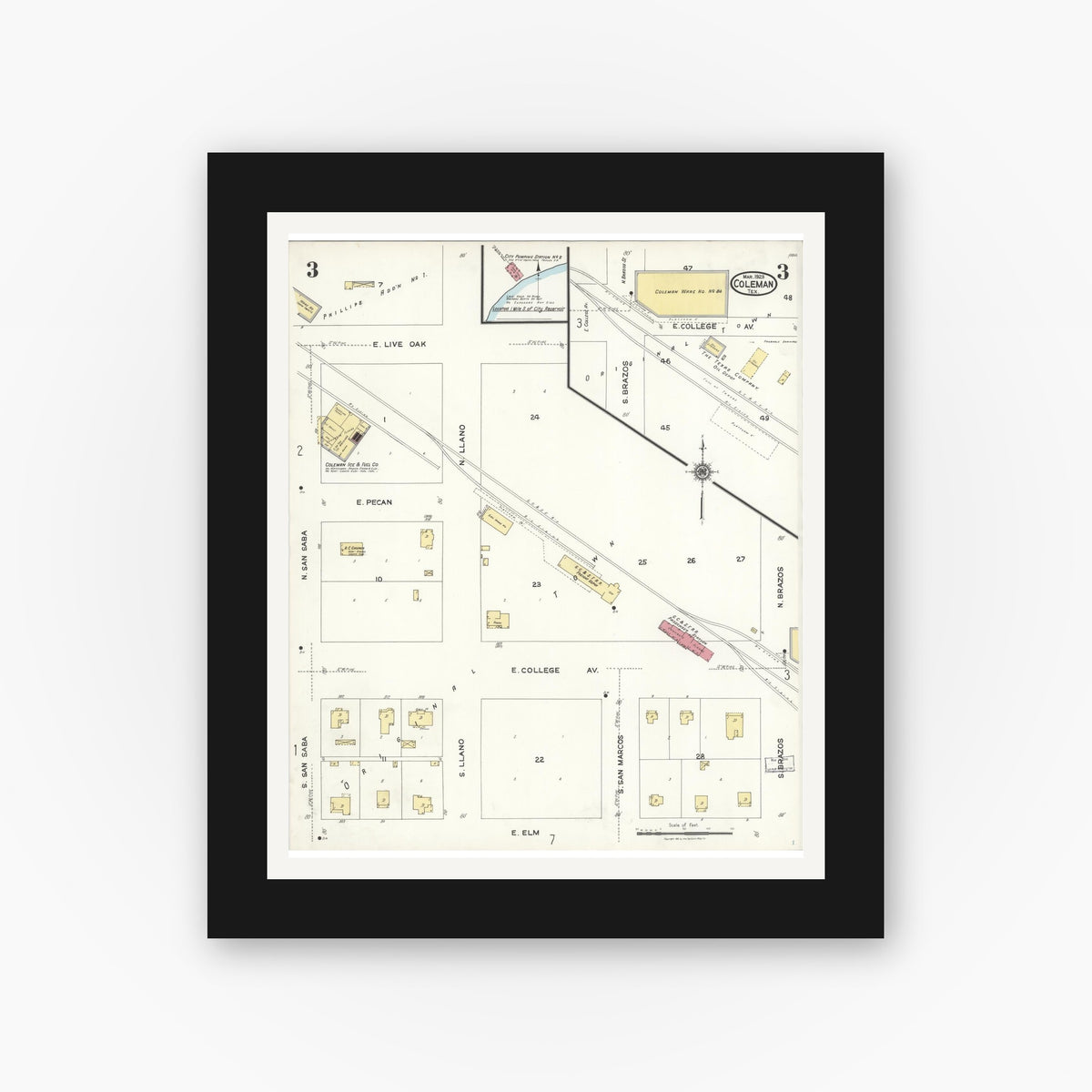 Old map wall art mockup — black gallery frame with white mat — Sanborn Fire Insurance Map from Coleman, Coleman County, Texas (1923), Sheet #0003
