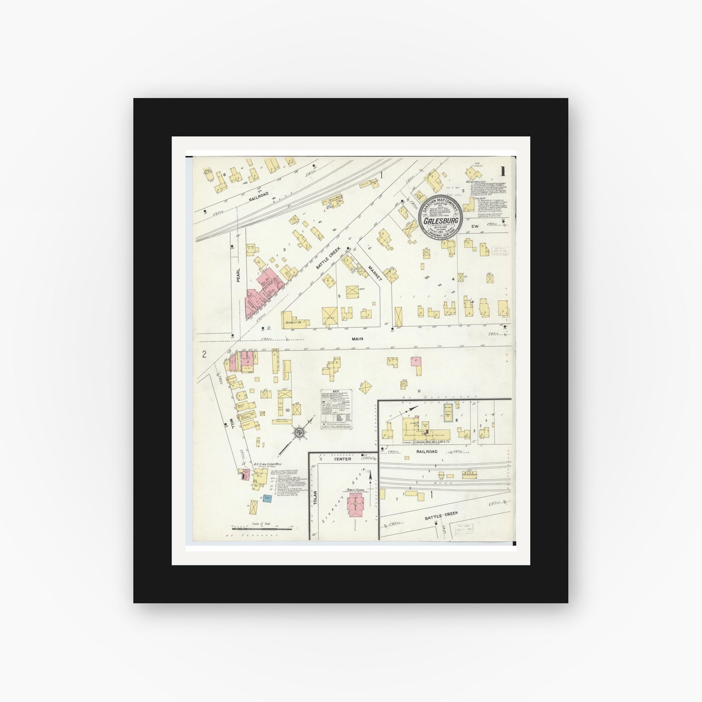Old map wall art mockup — black gallery frame with white mat — Sanborn Fire Insurance Map from Galesburg, Kalamazoo County, Michigan (1911) - Complete Map Set