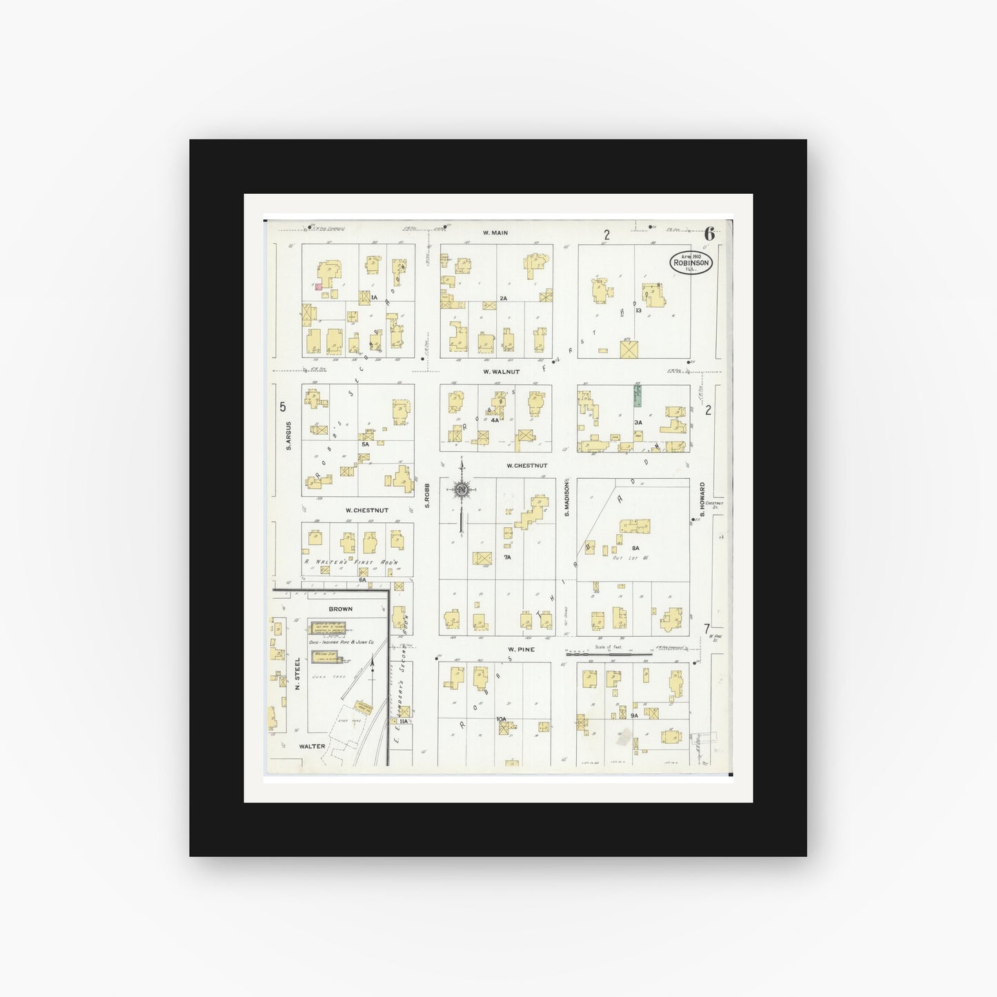 Old map wall art mockup — black gallery frame with white mat — Sanborn Fire Insurance Map from Robinson, Crawford County, Illinois (1910), Sheet #0006