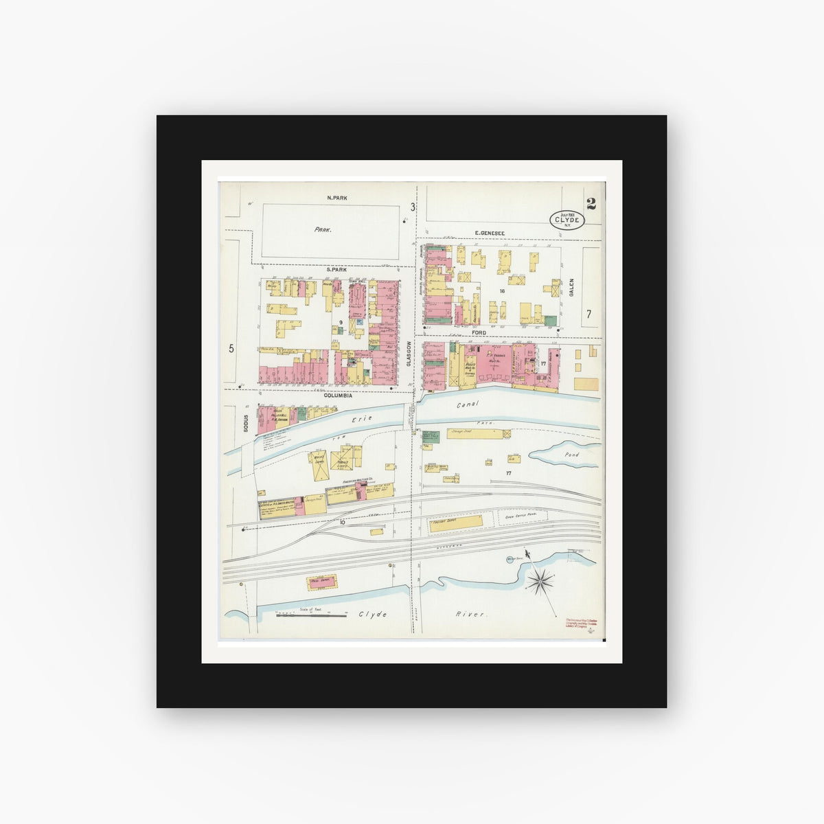 Old map wall art mockup — black gallery frame with white mat — Sanborn Fire Insurance Map from Clyde, Wayne County, New York (1901), Sheet #0002