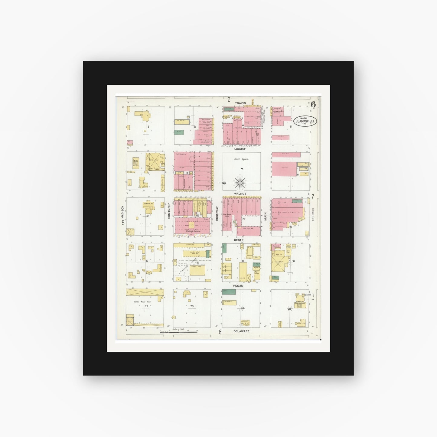 Old map wall art mockup — black gallery frame with white mat — Sanborn Fire Insurance Map from Clarksville, Red River County, Texas (1901), Sheet #0006