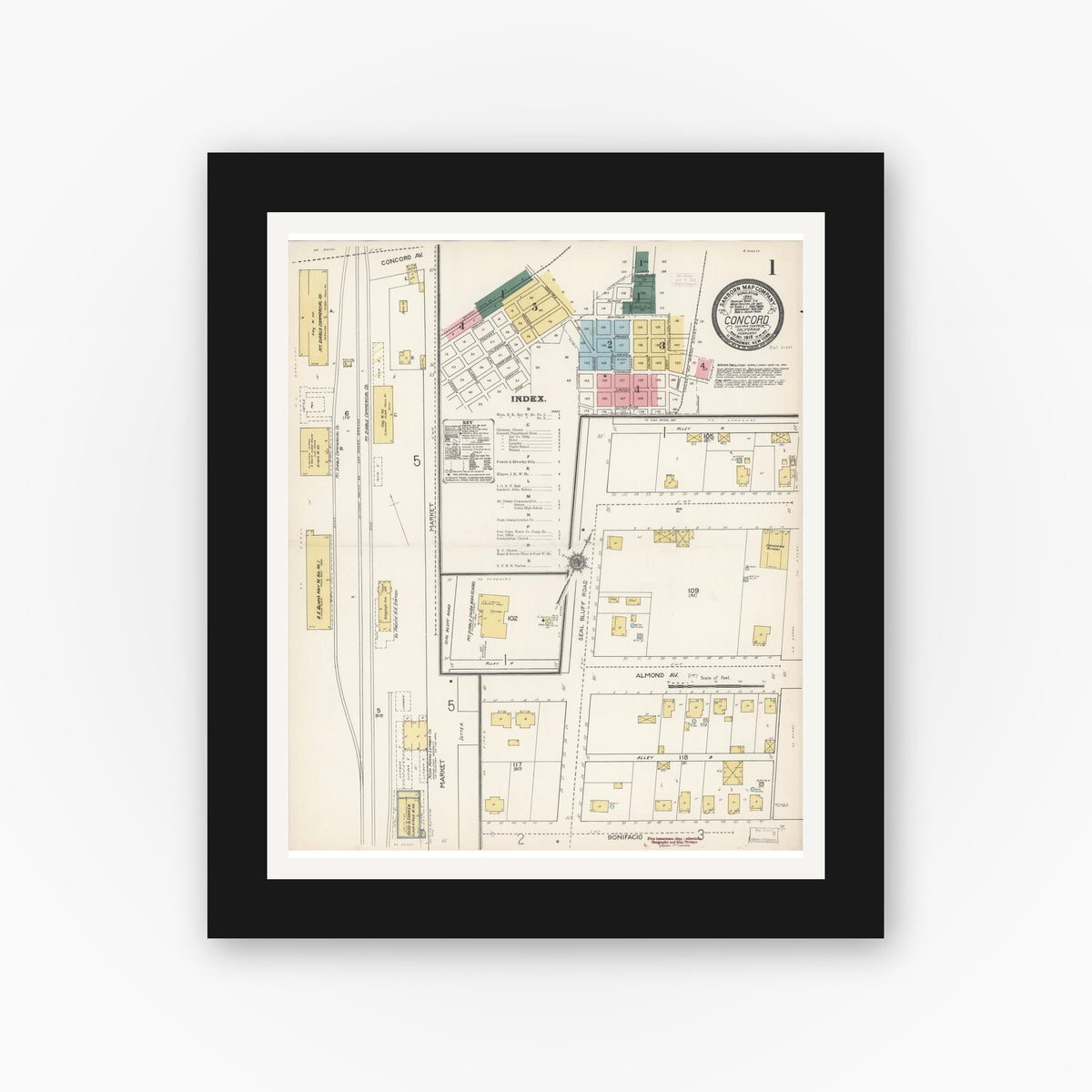 Old map wall art mockup — black gallery frame with white mat — Sanborn Fire Insurance Map from Concord, Contra Costa County, California (1912) - Complete Map Set