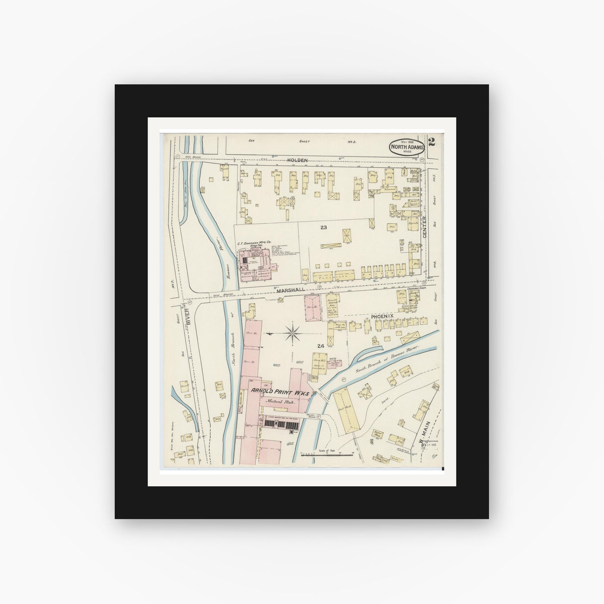 Old map wall art mockup — black gallery frame with white mat — Sanborn Fire Insurance Map from North Adams, Berkshire County, Massachusetts (1888), Sheet #0002