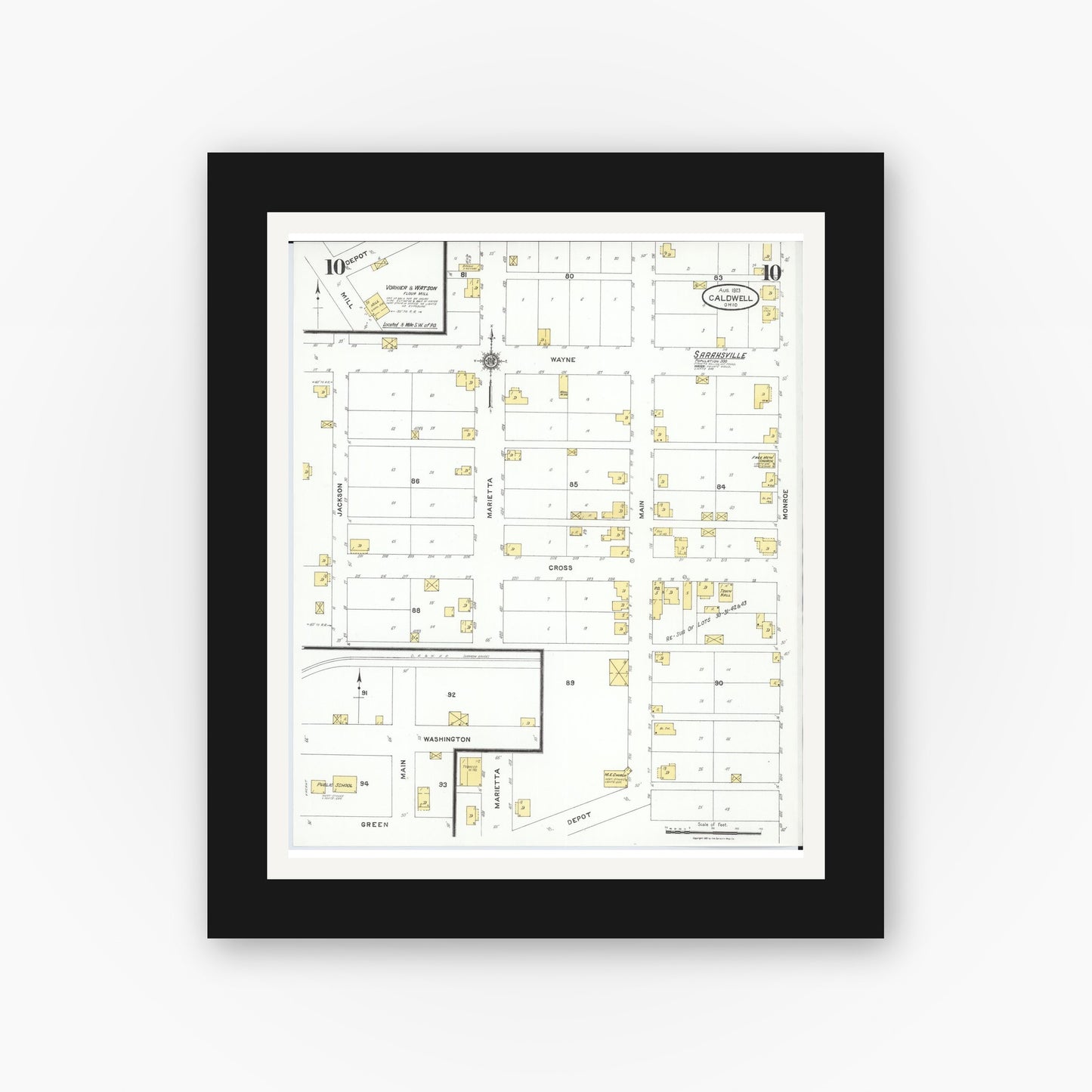 Old map wall art mockup — black gallery frame with white mat — Sanborn Fire Insurance Map from Caldwell, Noble County, Ohio (1923), Sheet #0010