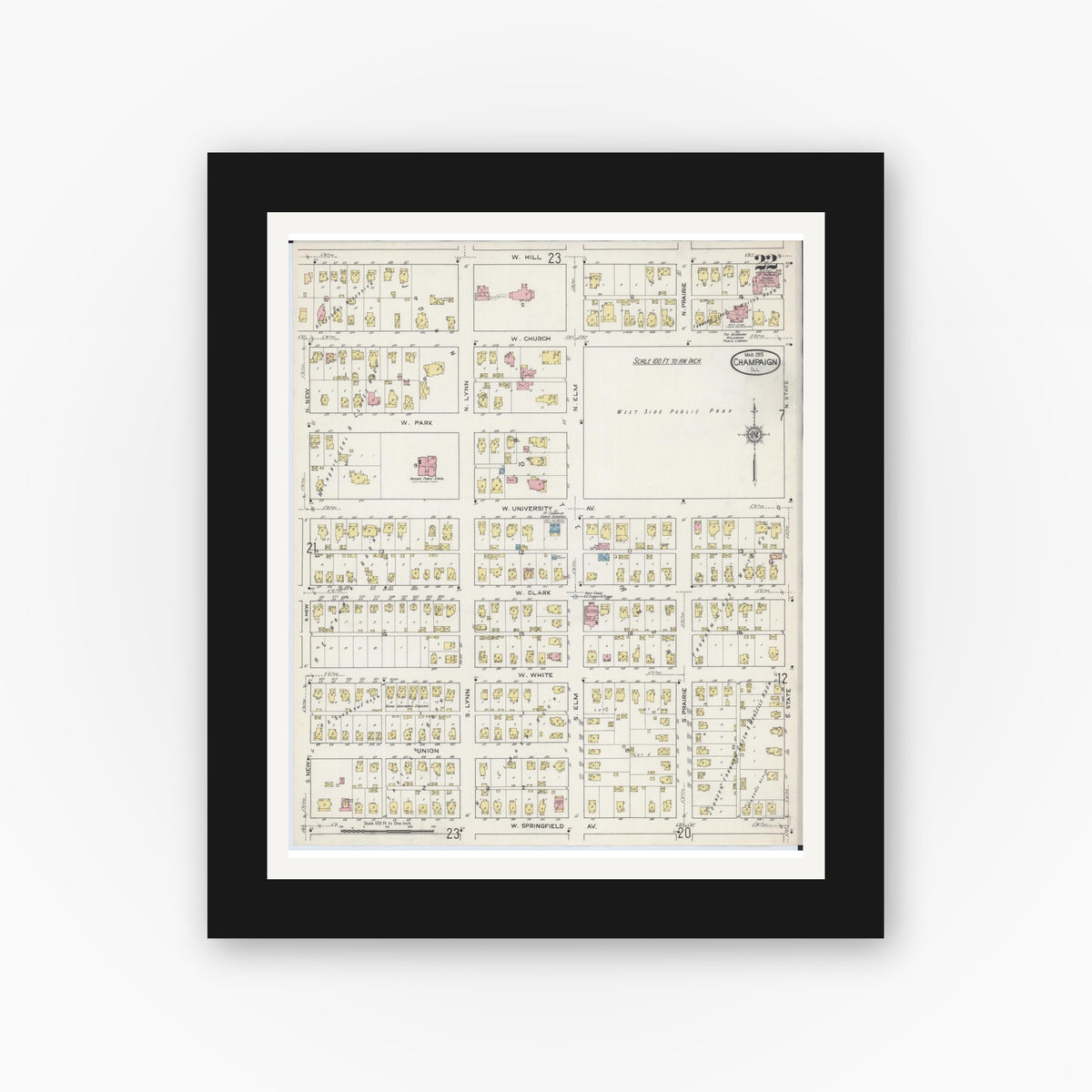Old map wall art mockup — black gallery frame with white mat — Sanborn Fire Insurance Map from Champaign, Champaign County, Illinois (1915), Sheet #0022
