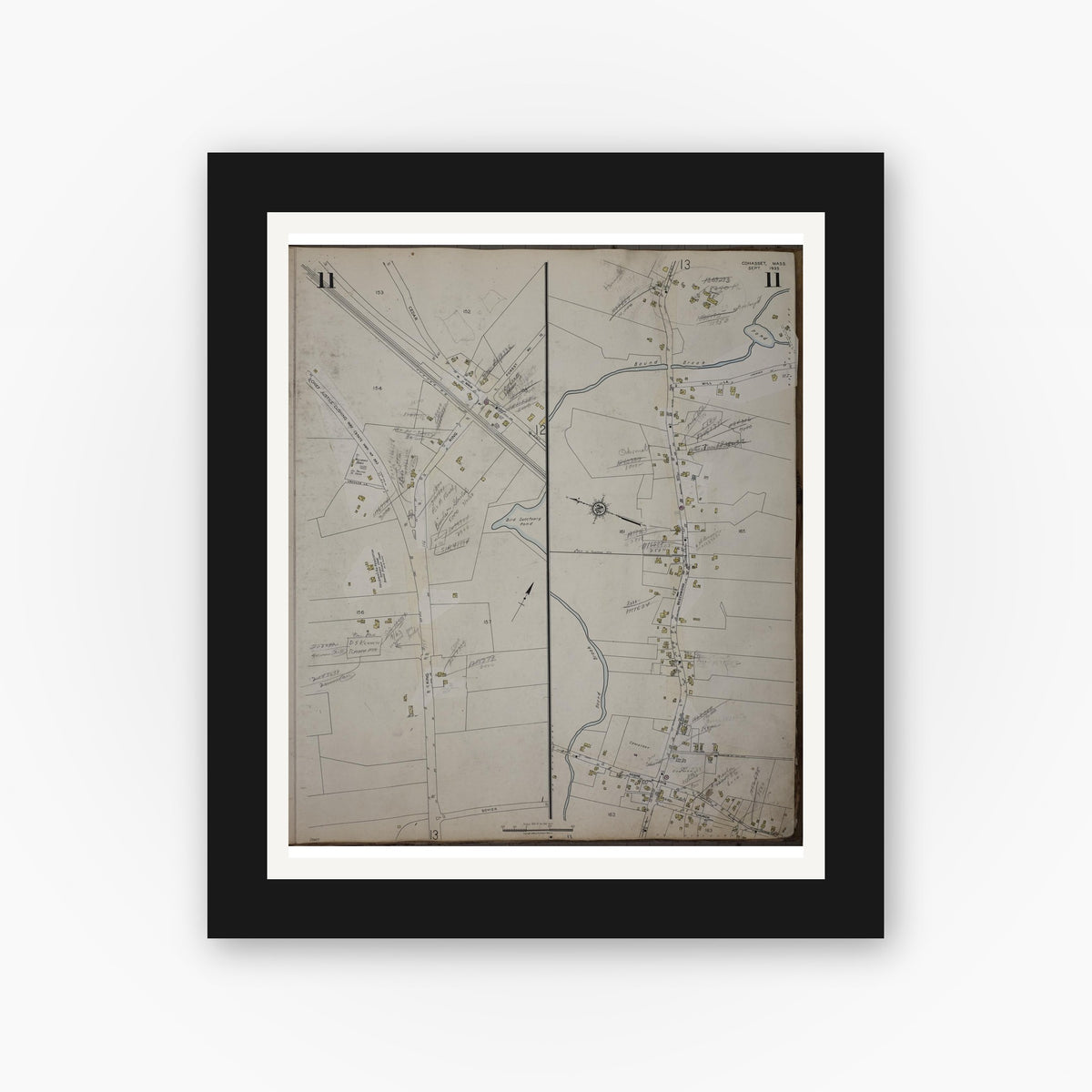 Old map wall art mockup — black gallery frame with white mat — Sanborn Fire Insurance Map from Cohasset, Norfolk County, Massachusetts (1952), Sheet #0011