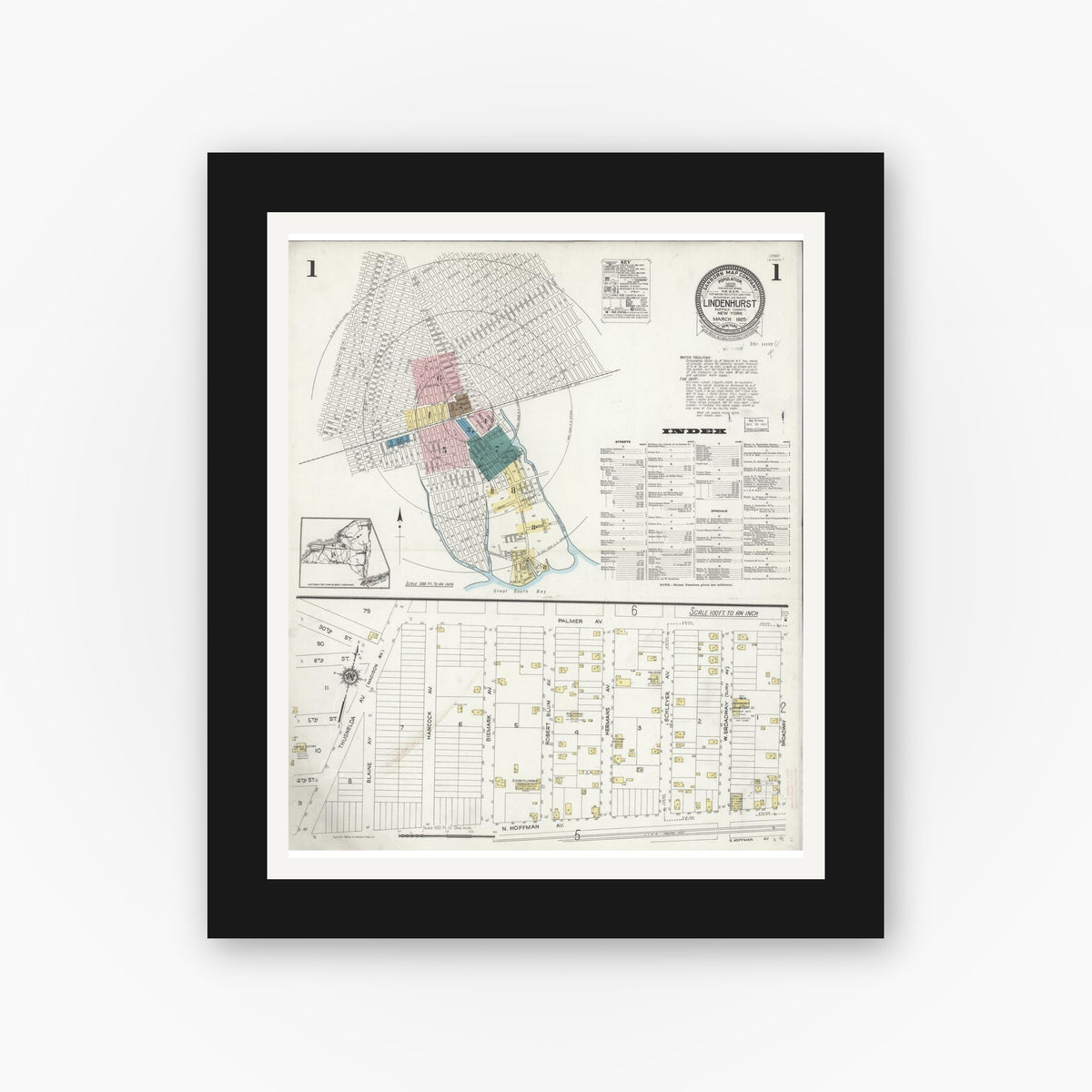 Old map wall art mockup — black gallery frame with white mat — Sanborn Fire Insurance Map from Lindenhurst, Suffolk County, New York (1925) - Complete Map Set
