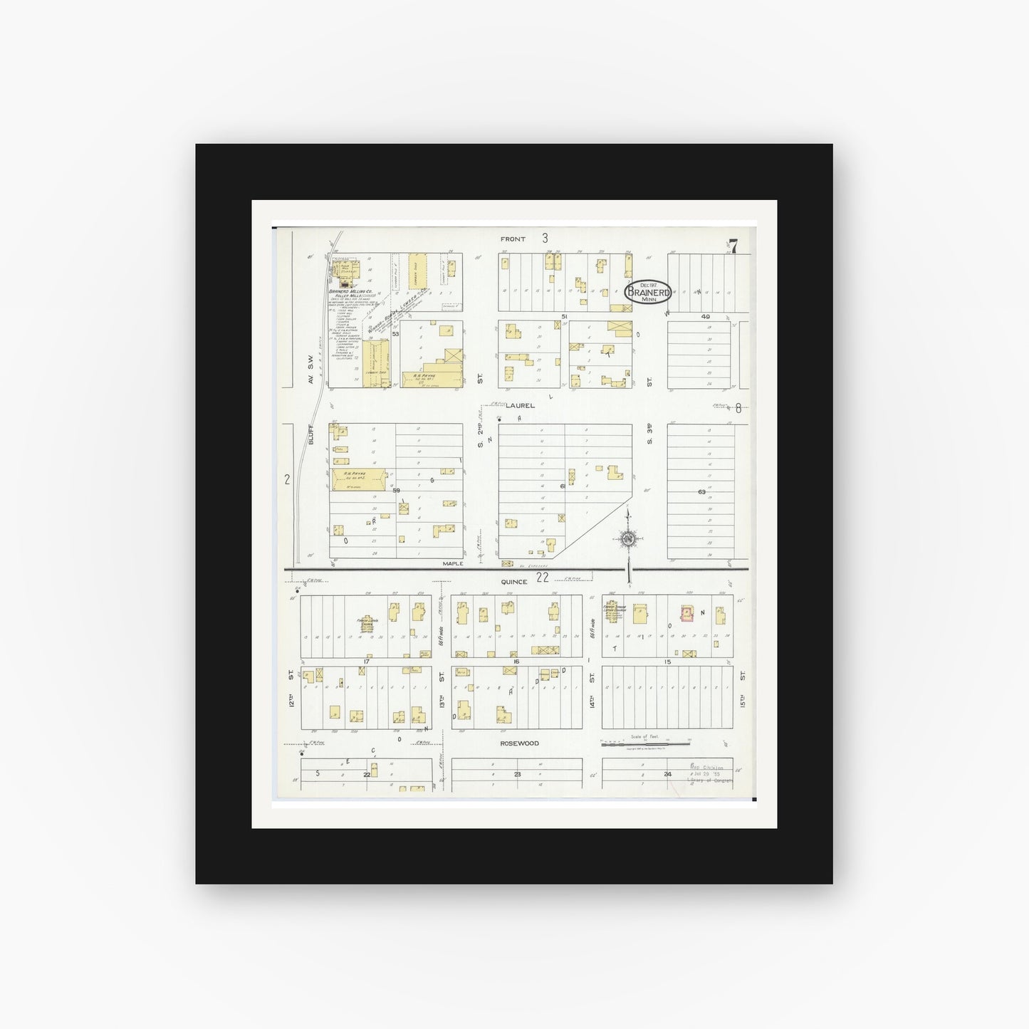 Old map wall art mockup — black gallery frame with white mat — Sanborn Fire Insurance Map from Brainerd, Crow Wing County, Minnesota (1917), Sheet #0007