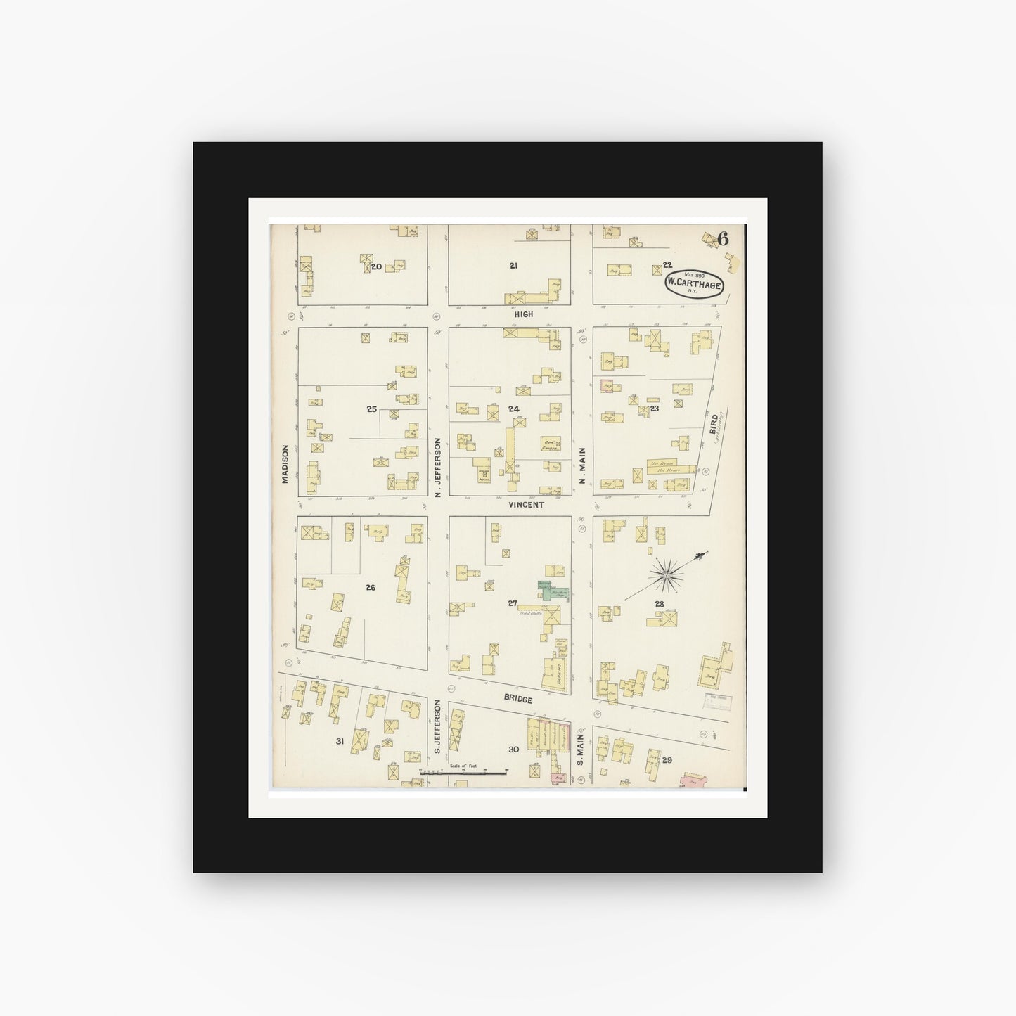 Old map wall art mockup — black gallery frame with white mat — Sanborn Fire Insurance Map from Carthage, Jefferson County, New York (1890), Sheet #0006