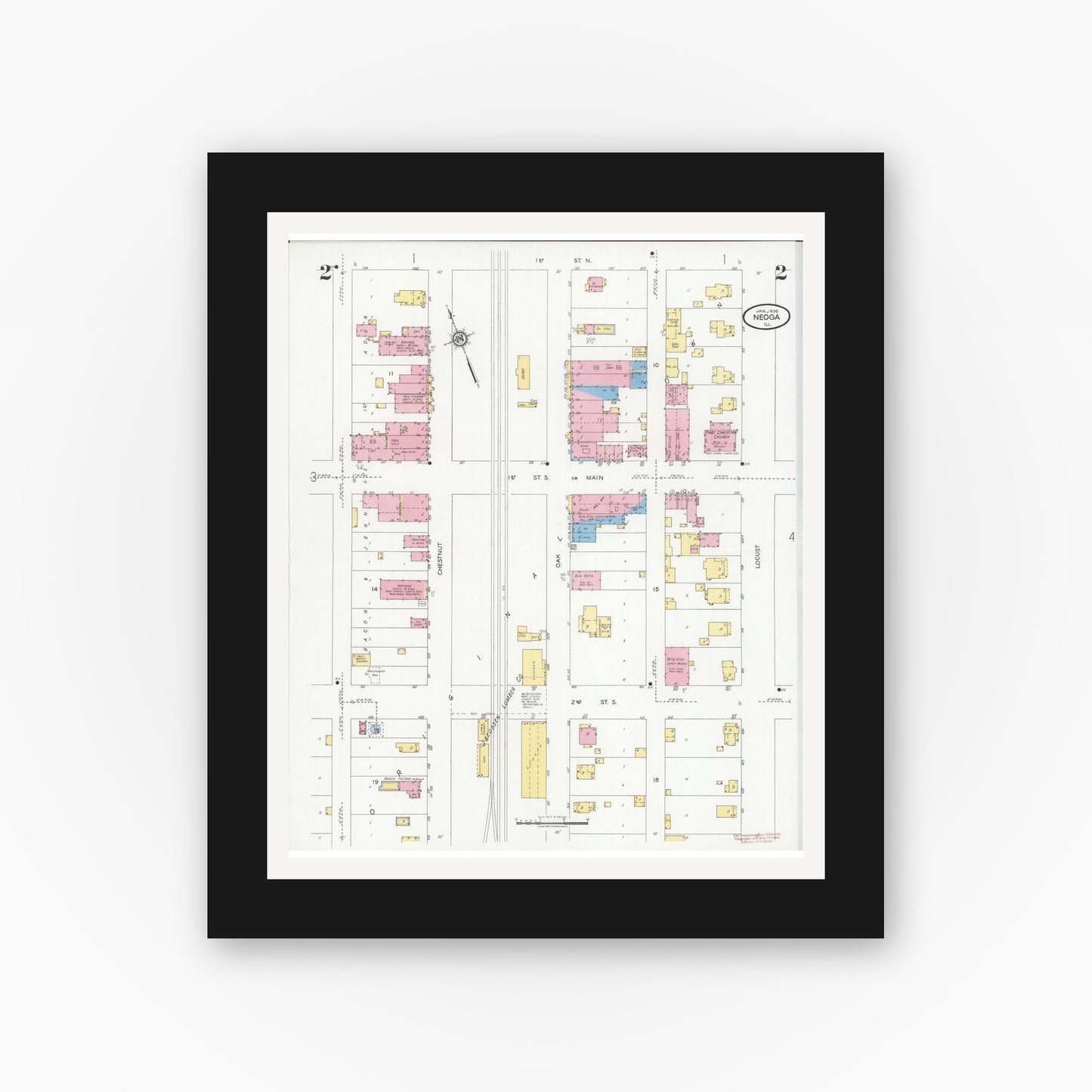 Old map wall art mockup — black gallery frame with white mat — Sanborn Fire Insurance Map from Neoga, Cumberland County, Illinois (1930), Sheet #0002