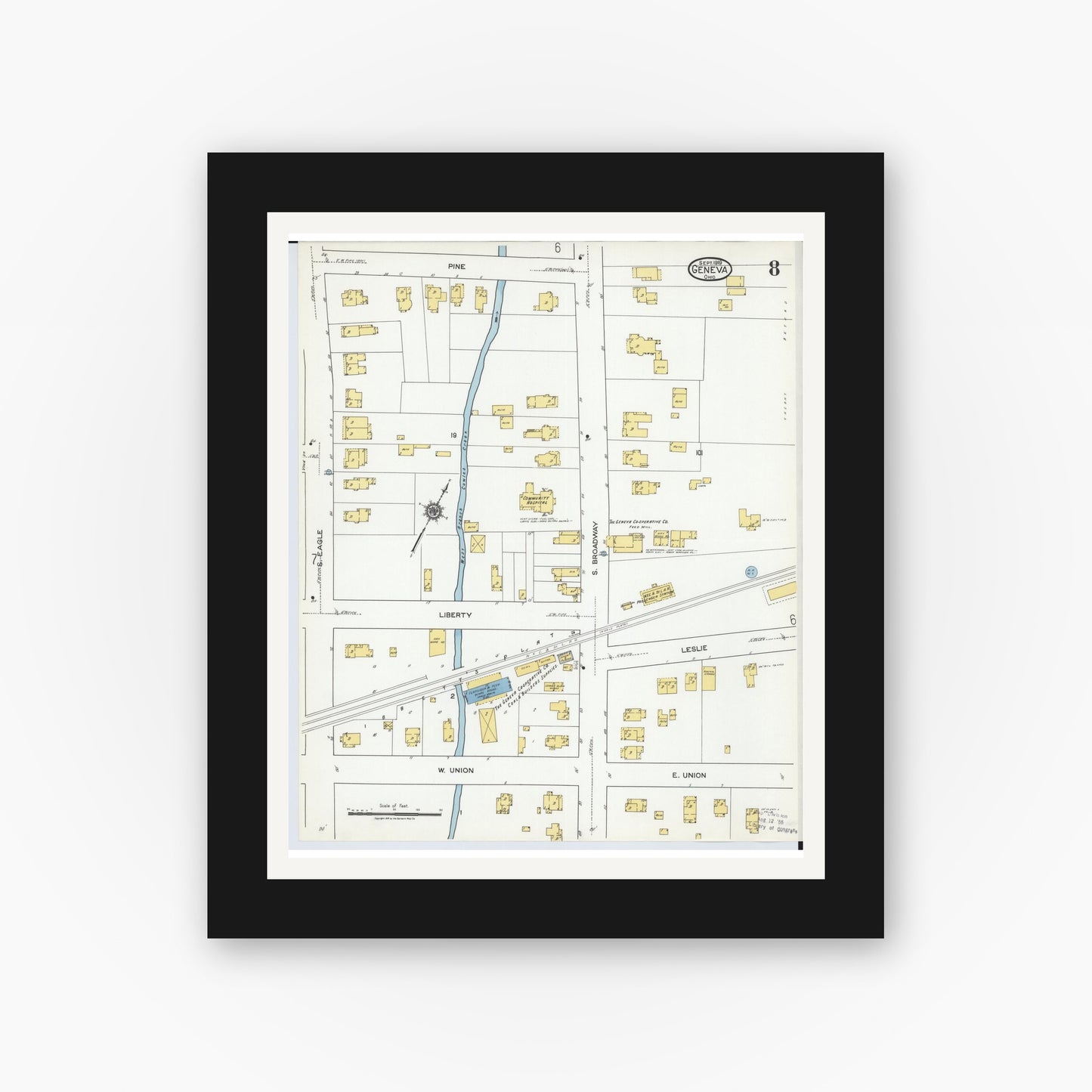 Old map wall art mockup — black gallery frame with white mat — Sanborn Fire Insurance Map from Geneva, Ashtabula County, Ohio (1919), Sheet #0008