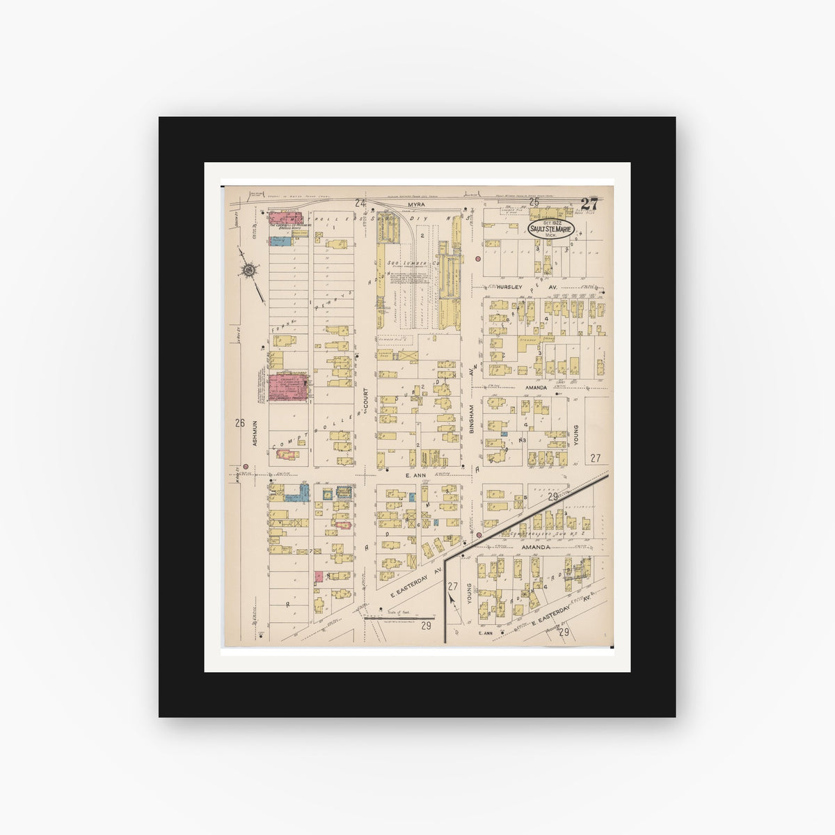 Old map wall art mockup — black gallery frame with white mat — Sanborn Fire Insurance Map from Sault Sainte Marie, Chippewa County, Michigan (1922), Sheet #0027