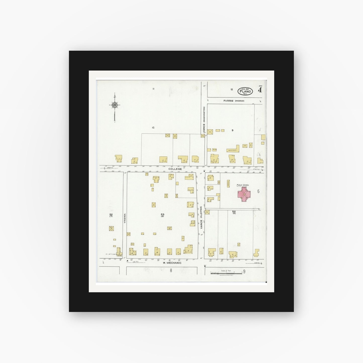 Old map wall art mockup — black gallery frame with white mat — Sanborn Fire Insurance Map from Plano, Collin County, Texas (1921), Sheet #0004