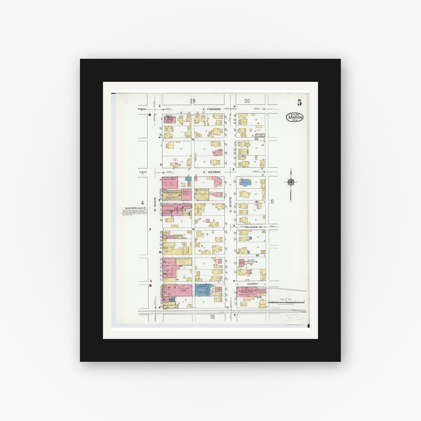 Old map wall art mockup — black gallery frame with white mat — Sanborn Fire Insurance Map from Marion, Marion County, Ohio (1919), Sheet #0005