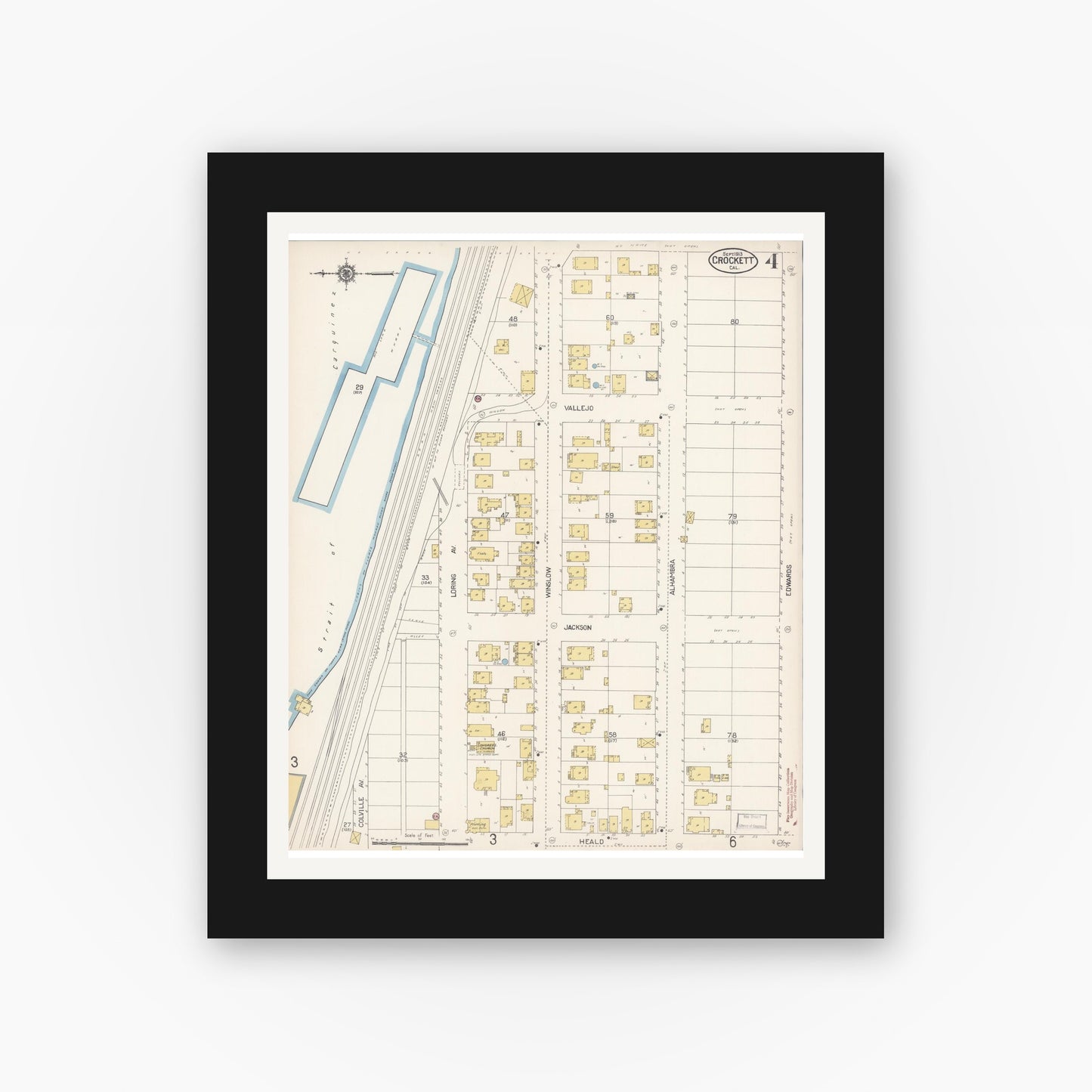 Old map wall art mockup — black gallery frame with white mat — Sanborn Fire Insurance Map from Crockett, Contra Costa County, California (1913), Sheet #0004