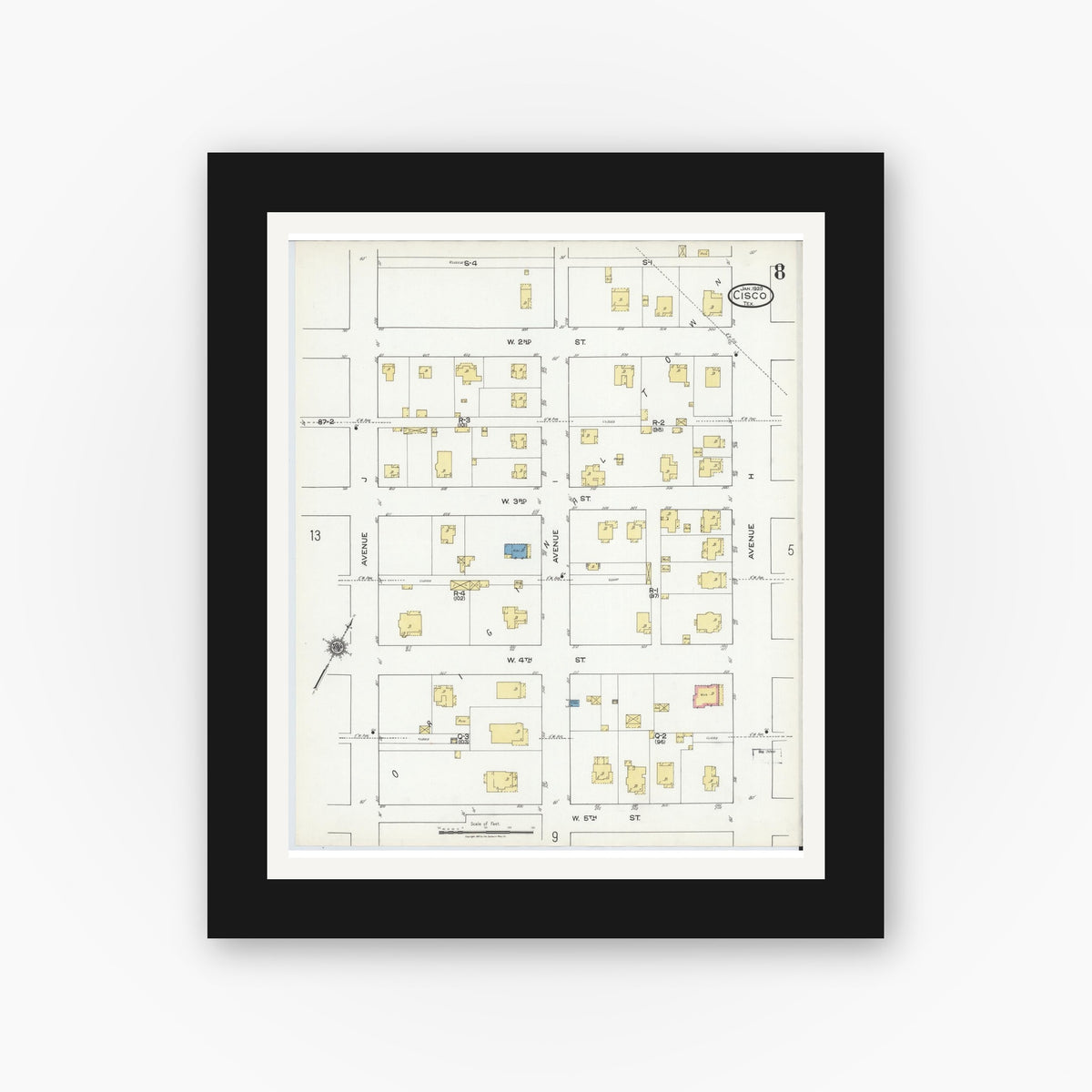 Old map wall art mockup — black gallery frame with white mat — Sanborn Fire Insurance Map from Cisco, Eastland County, Texas (1920), Sheet #0008