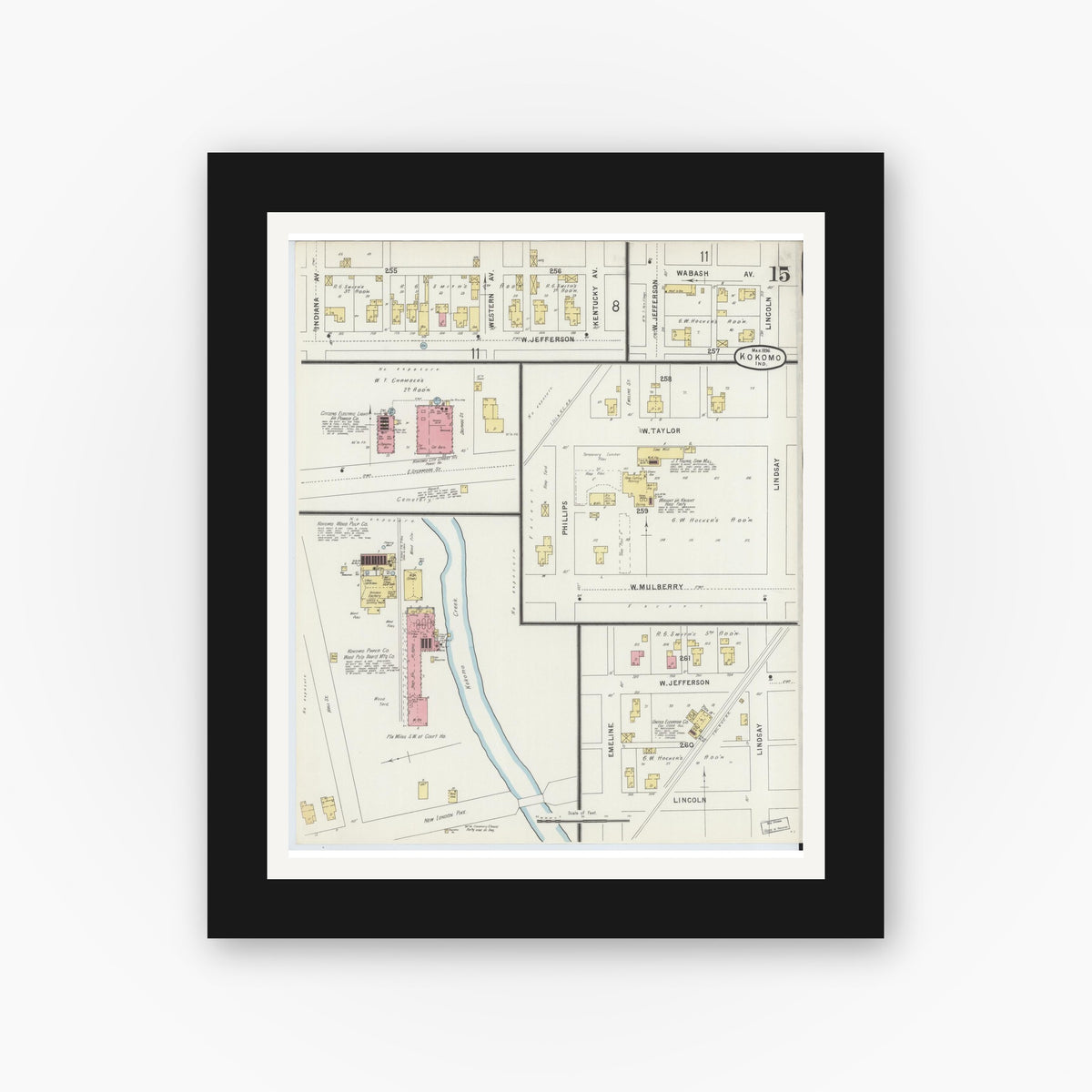 Old map wall art mockup — black gallery frame with white mat — Sanborn Fire Insurance Map from Kokomo, Howard County, Indiana (1896), Sheet #0015
