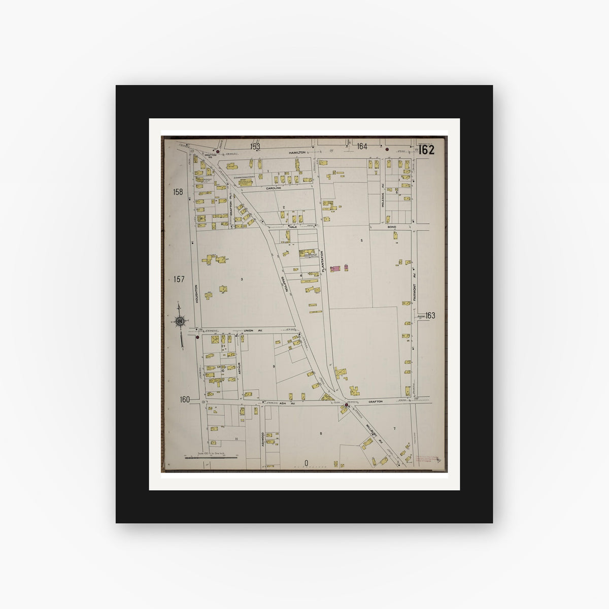 Old map wall art mockup — black gallery frame with white mat — Sanborn Fire Insurance Map from Worcester, Worcester County, Massachusetts (1910), Sheet #0162
