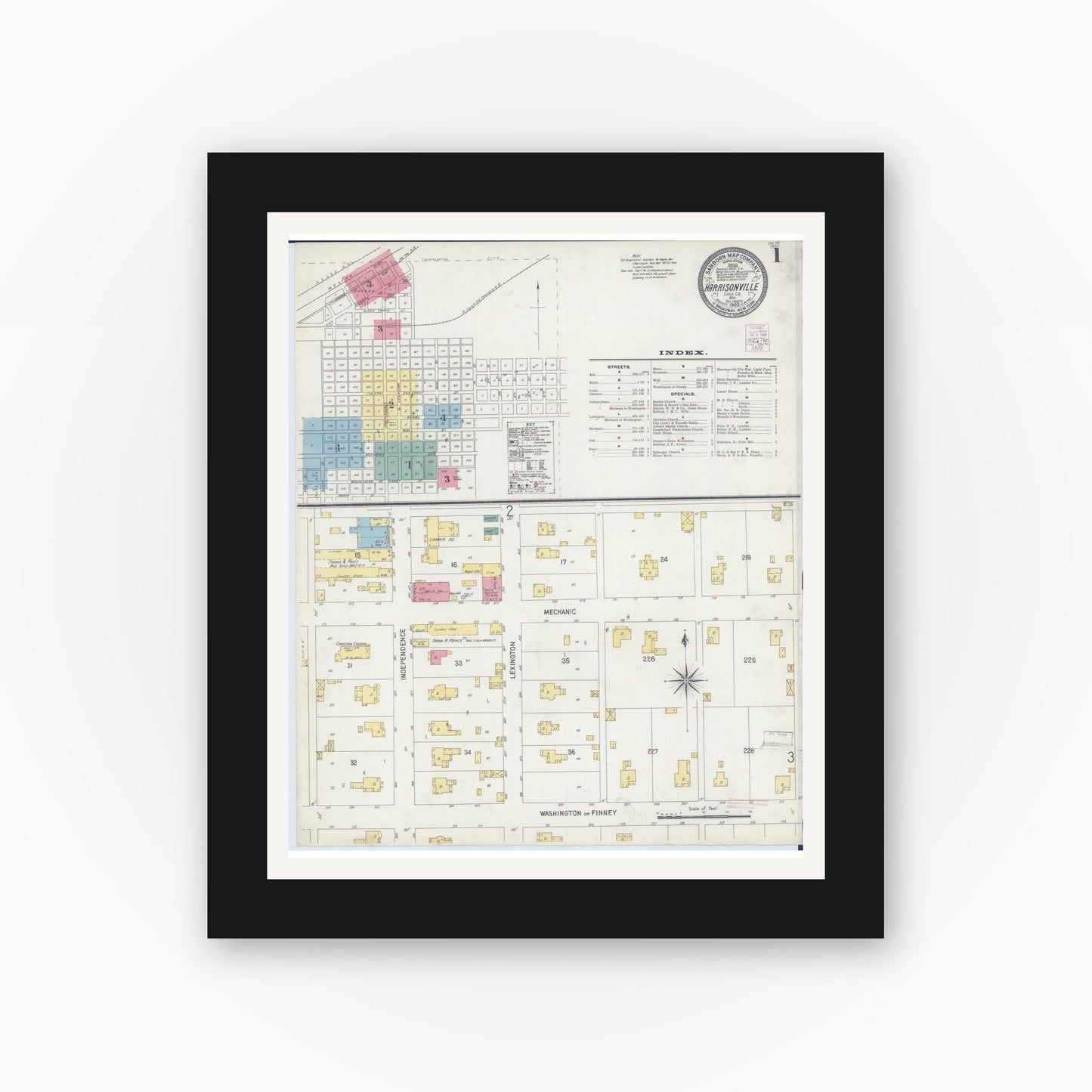 Old map wall art mockup — black gallery frame with white mat — Sanborn Fire Insurance Map from Harrisonville, Cass County, Missouri (1902) - Complete Map Set