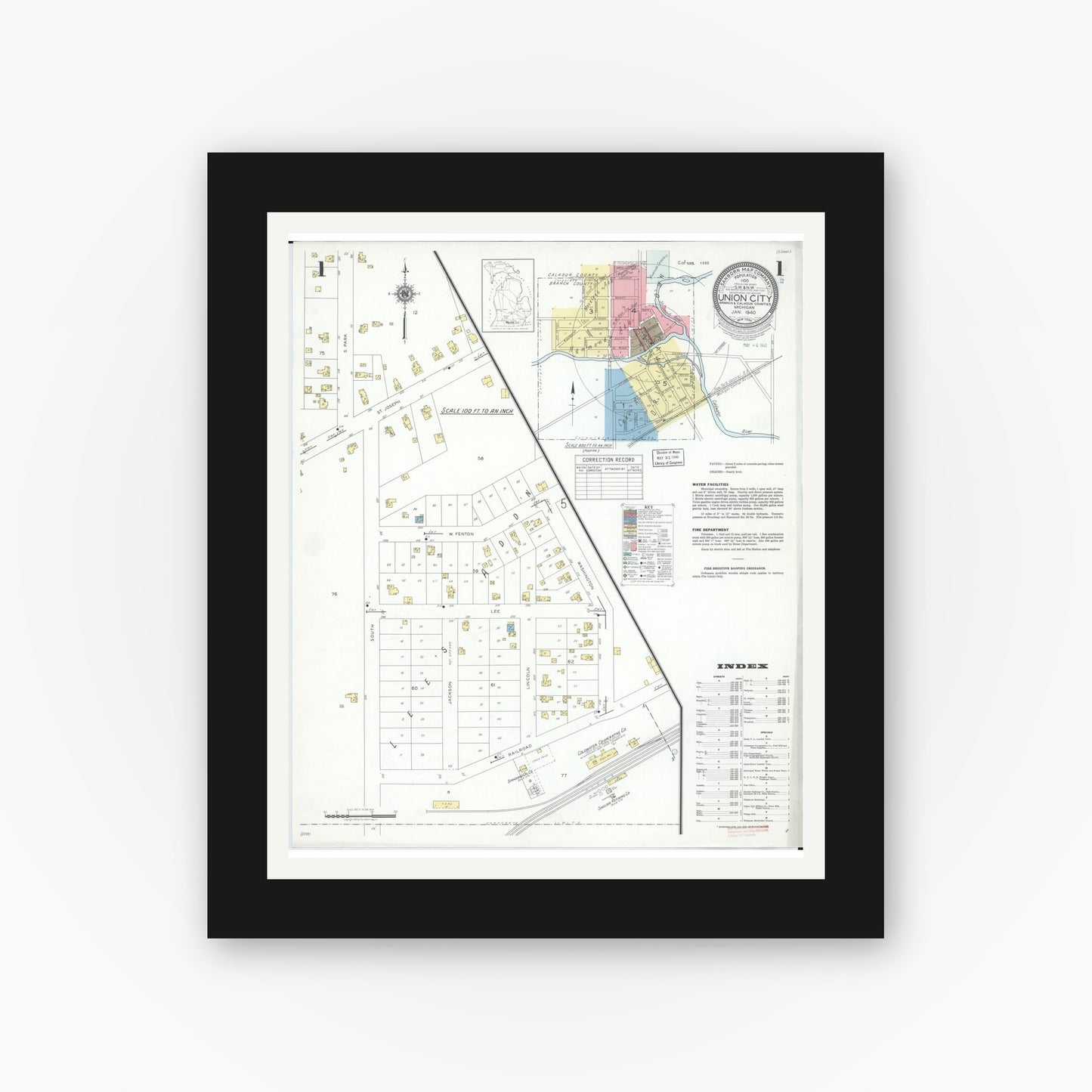 Old map wall art mockup — black gallery frame with white mat — Sanborn Fire Insurance Map from Union City, Branch And Calhoun Counties, Michigan (1940), Sheet #0001