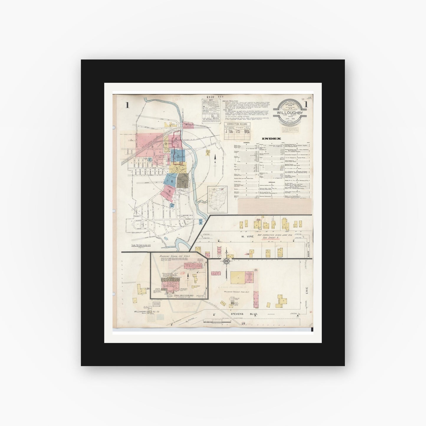 Old map wall art mockup — black gallery frame with white mat — Sanborn Fire Insurance Map from Willoughby, Lake County, Ohio (1943), Sheet #0001